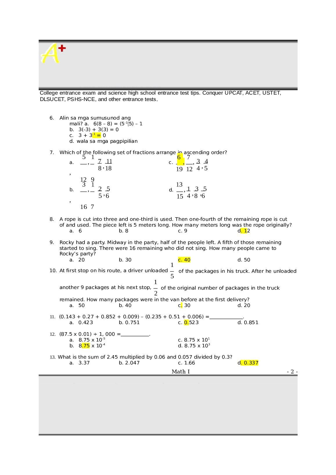Math Module 1 BASIC ARITHMETIC. document preview page 2