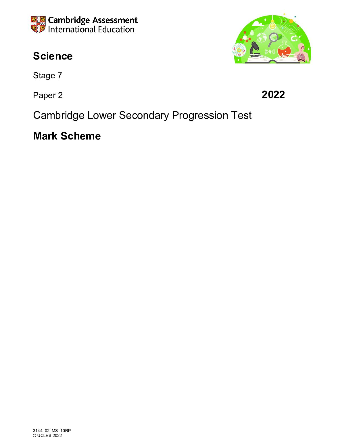 Science Stage 7 Paper 2 2022 Cambridge Lower Secondary Progression Test Mark Scheme preview image