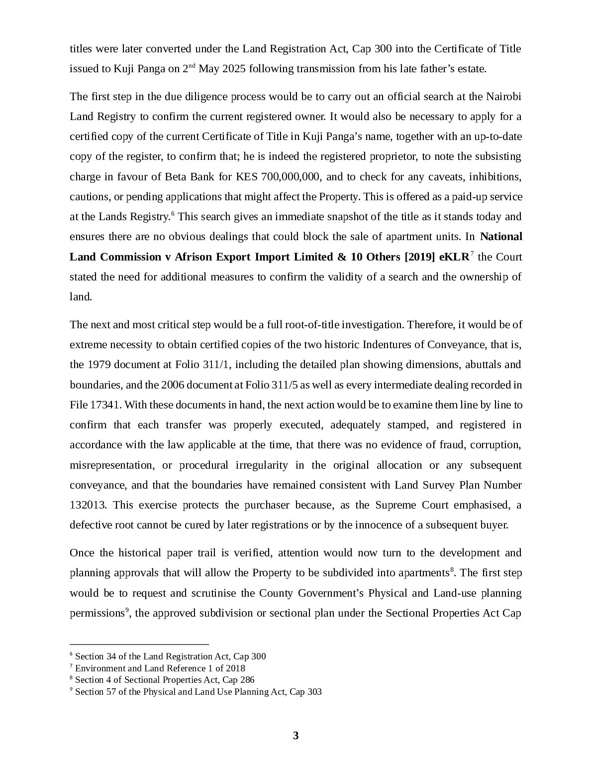 Explain how you would conduct due diligence as an Advocate for the  Purchaser, in view of the Supreme Court of Kenya decision in Dina Management case. document preview page 3