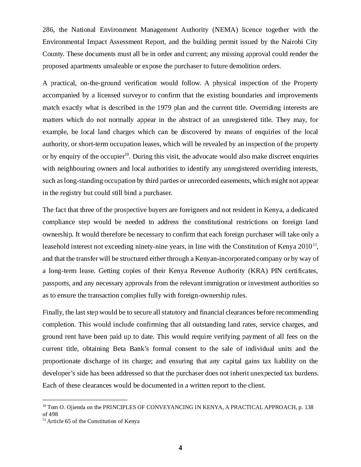 Explain how you would conduct due diligence as an Advocate for the  Purchaser, in view of the Supreme Court of Kenya decision in Dina Management case. document preview page 4