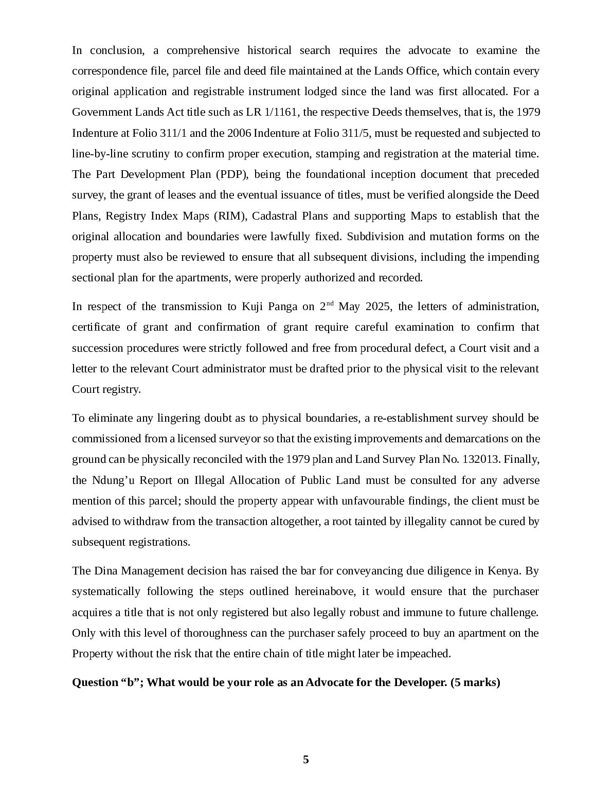 Explain how you would conduct due diligence as an Advocate for the  Purchaser, in view of the Supreme Court of Kenya decision in Dina Management case. document preview page 5