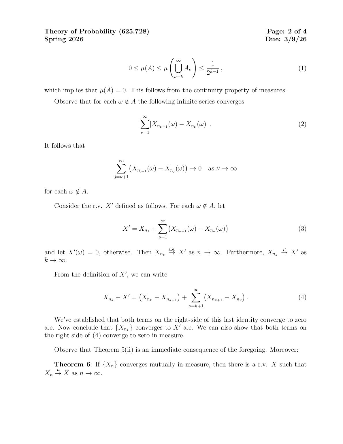 EN 728 Theory of Probability (625.728)  Spring 2026 Homework 6 document preview page 2