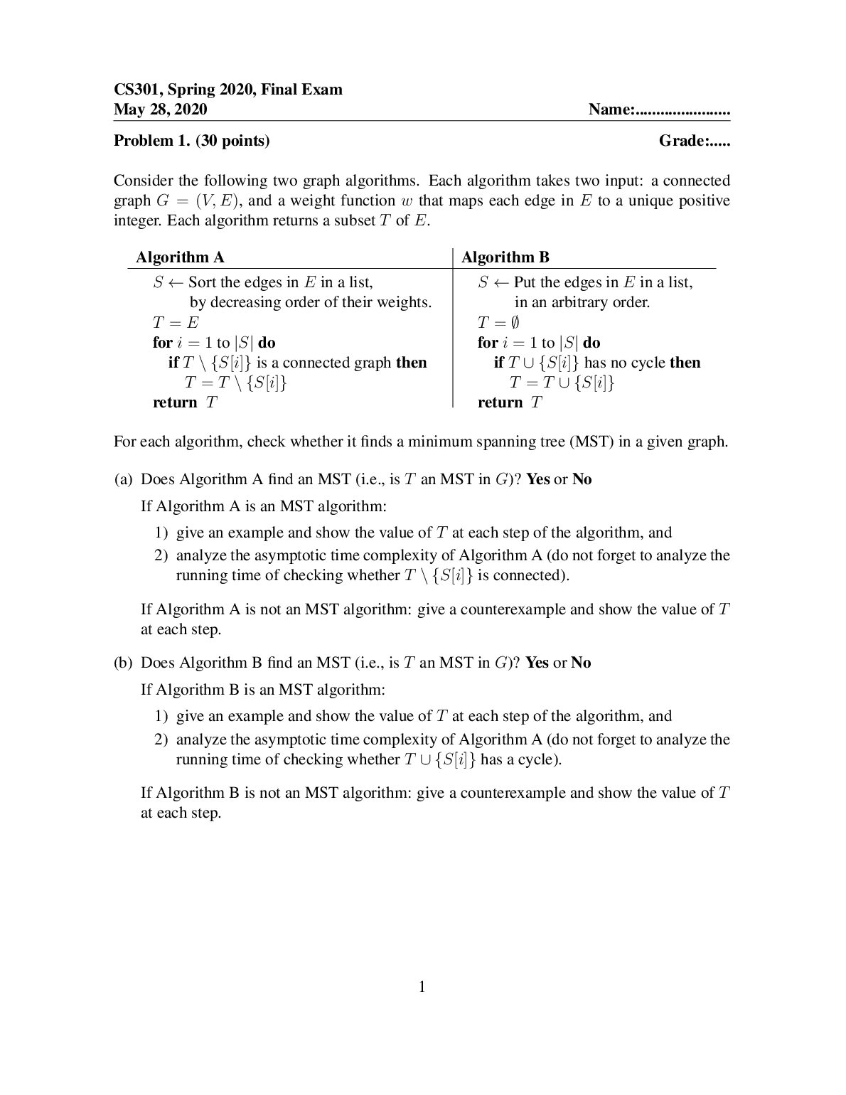 CS301, Spring 2020, Final Exam.pdf Preview 1