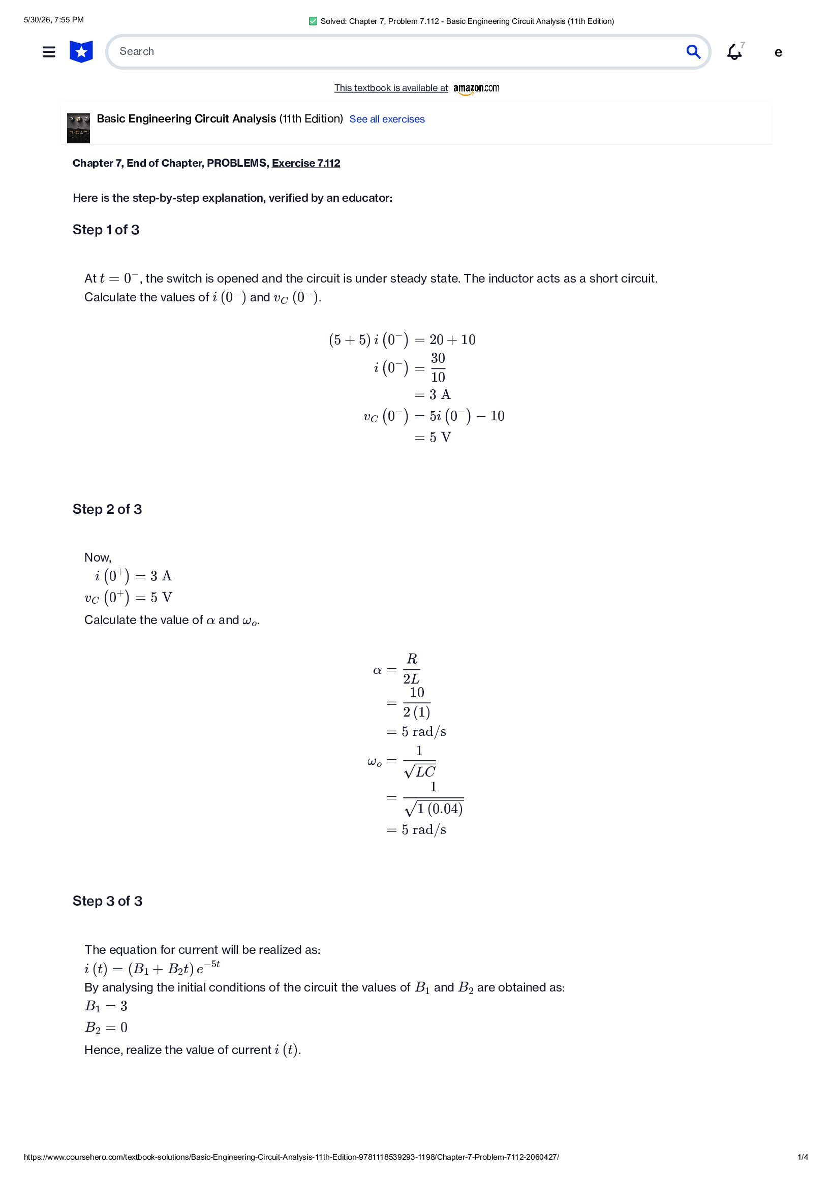 ✅ Solved_ Chapter 7, Problem 7.112 - Basic Engineering Circuit Analysis (11th Edition).pdf Preview 1
