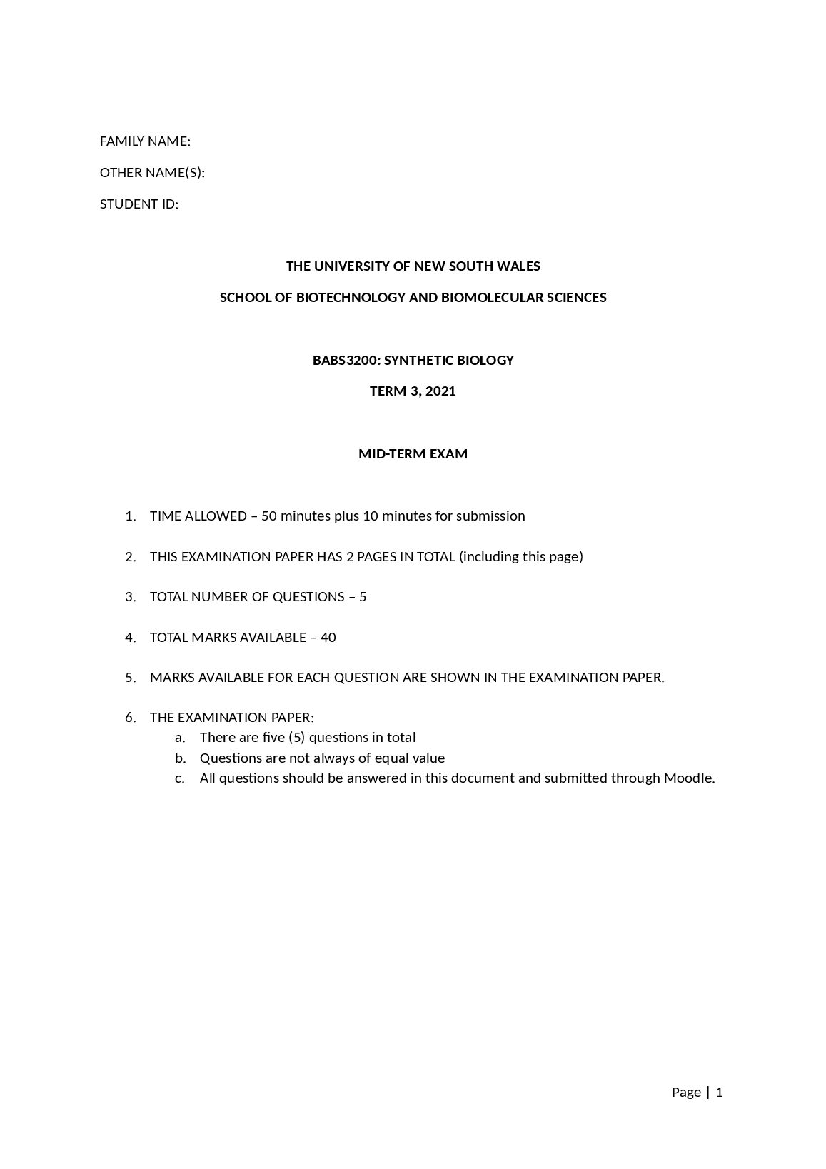 BABS3200 Mid Term Exam Paper preview image