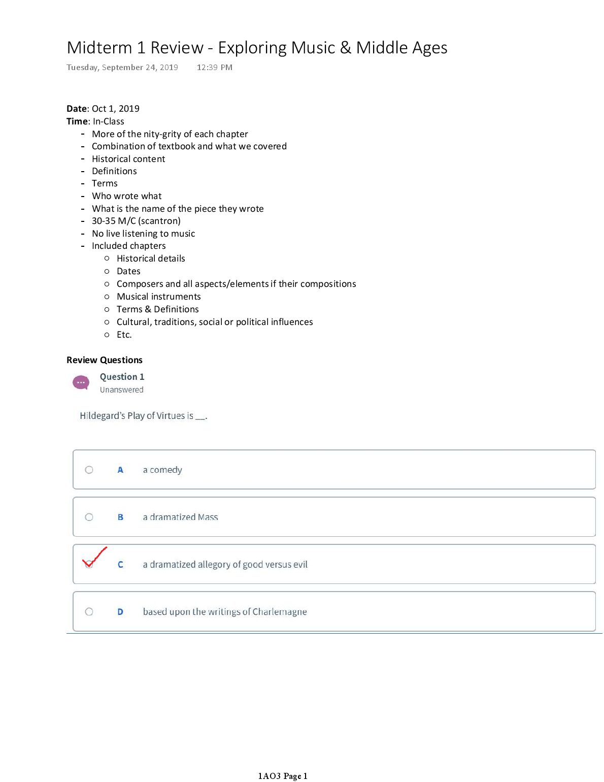 Exploring Music & Middle Ages Music Test 1 Review Midterm 1 Review - preview image