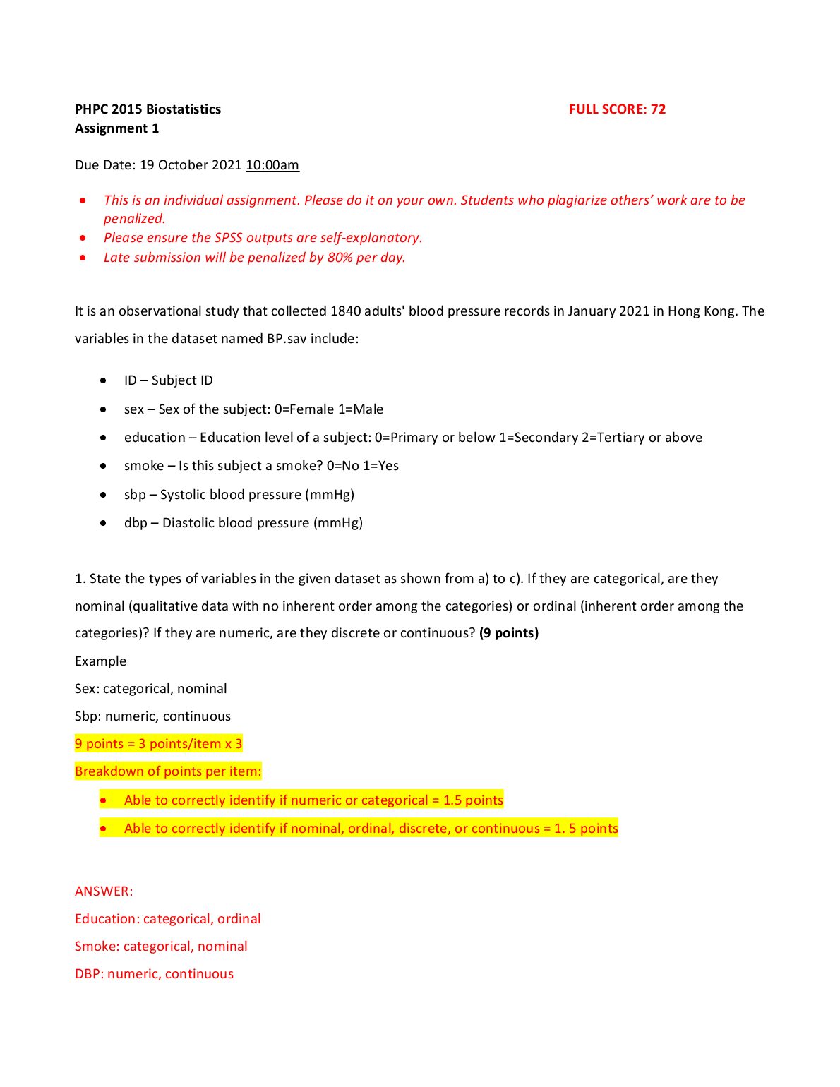PHPC 2015 Biostatistics FULL SCORE: 72 Homework 1 (Solution and Marking Scheme) preview image