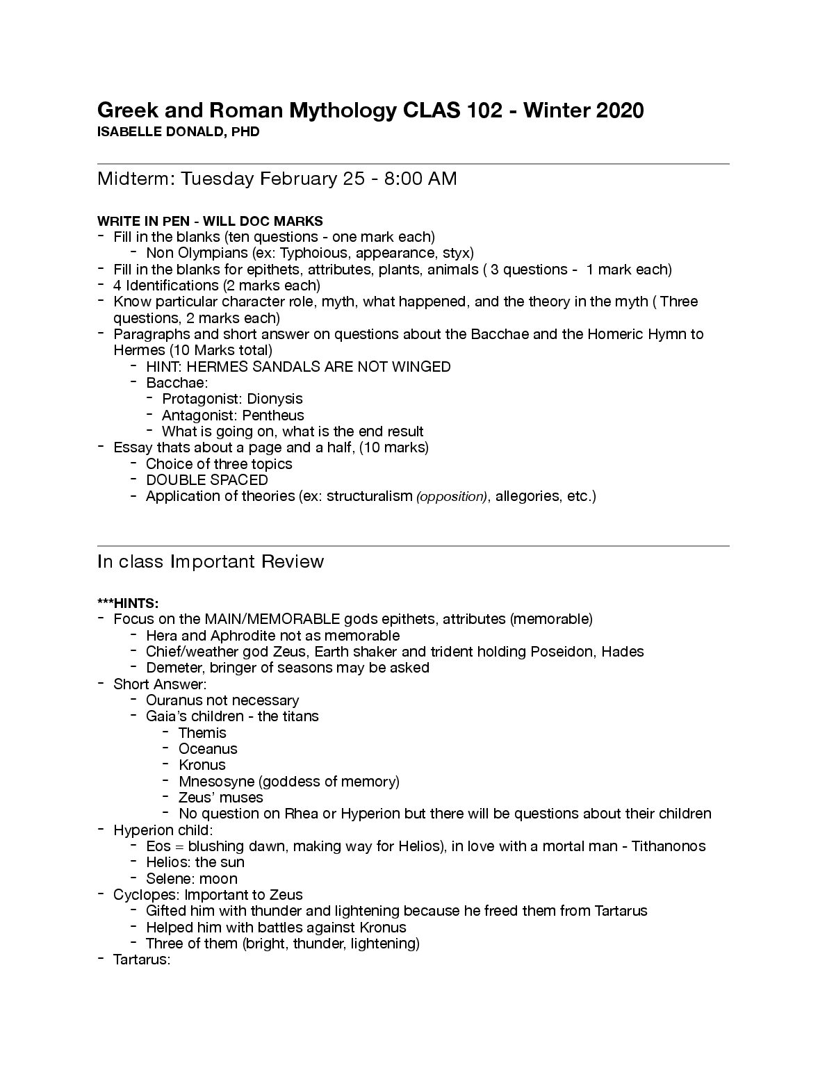 Greek and Roman Mythology CLAS 102 Midterm Notes. preview image