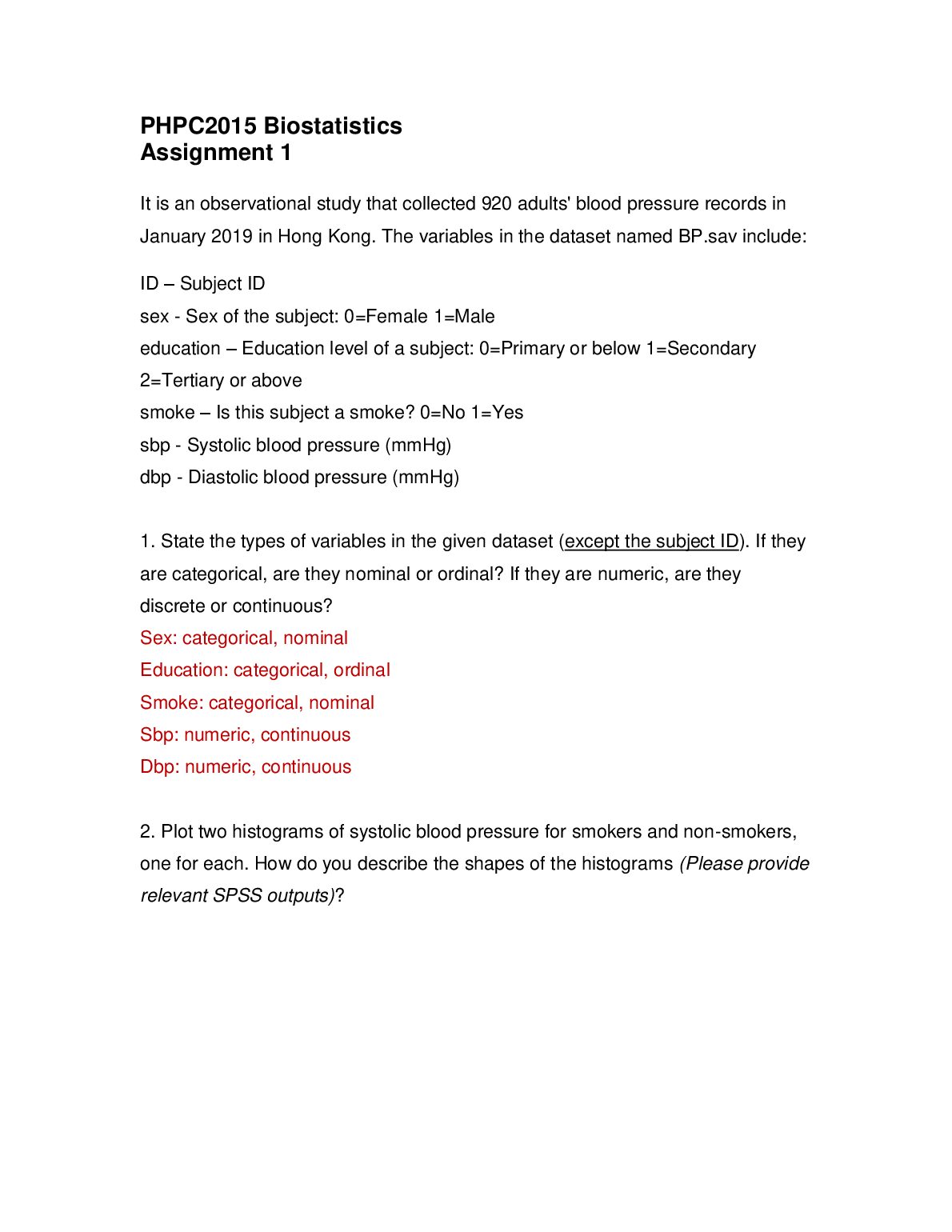 PHPC 2015 Biostatistics Answers of assignment 1 preview image