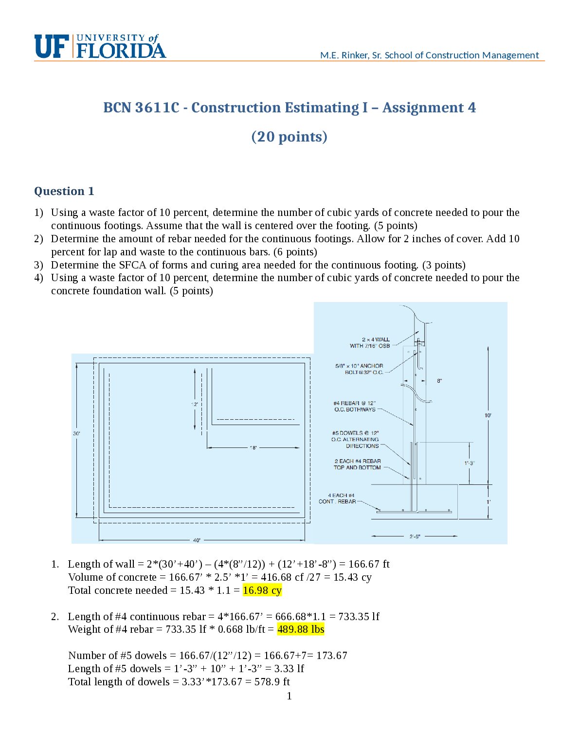 BCN 3611C - Construction Estimating I – Assignment 4  (20 points) preview image