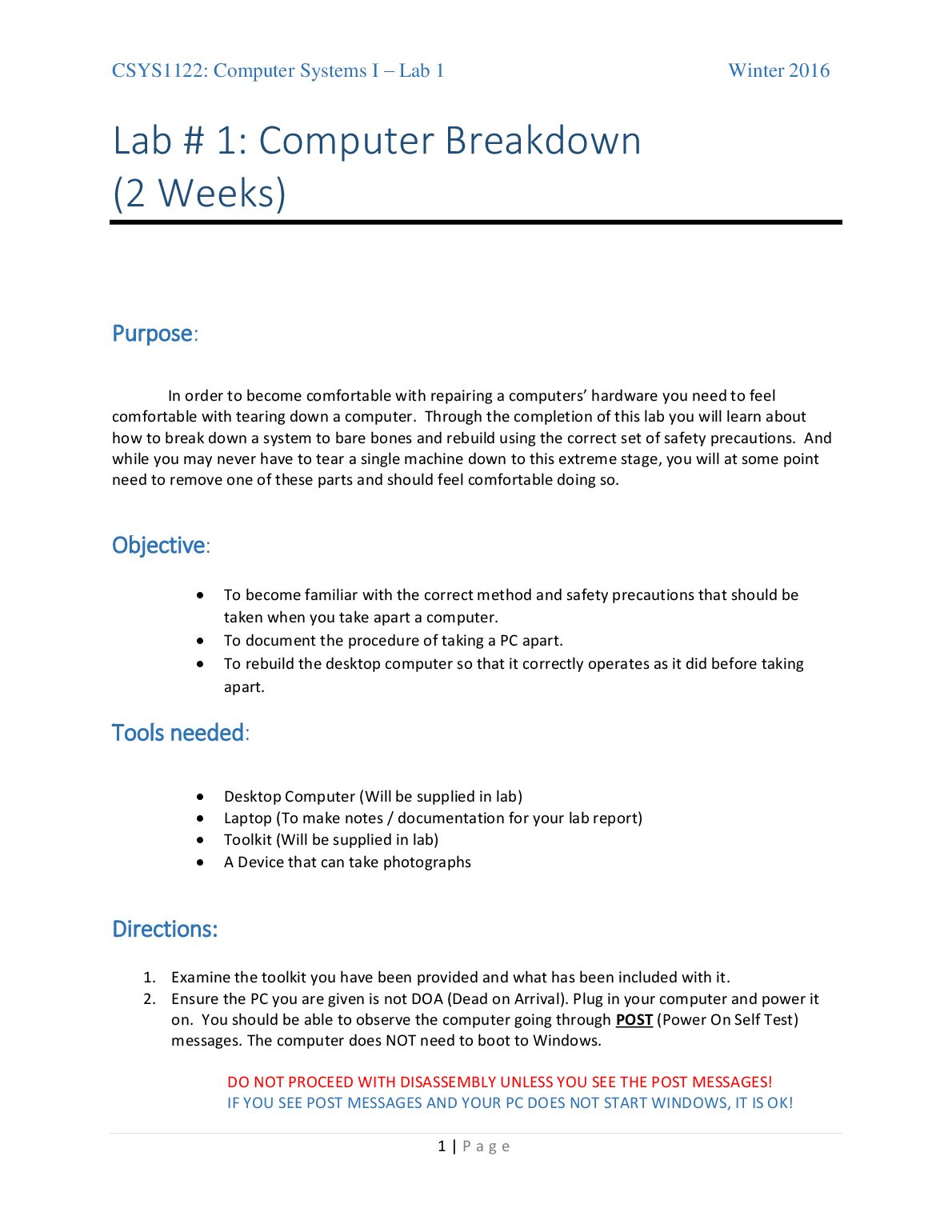 CSYS 1122: Computer Systems  Lab # 1: Computer Breakdown preview image