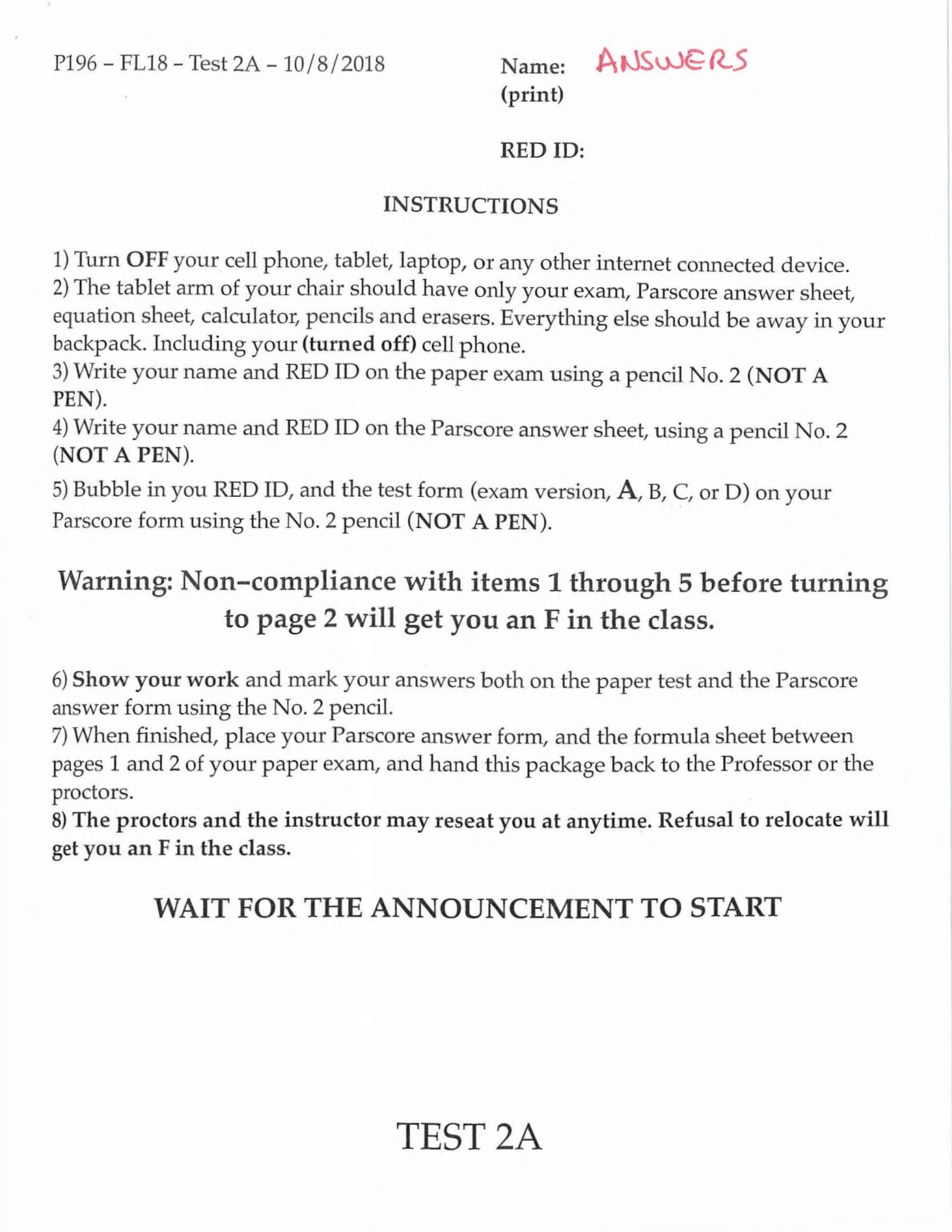 PHYS 196  P196-FL18 Test 2A preview image