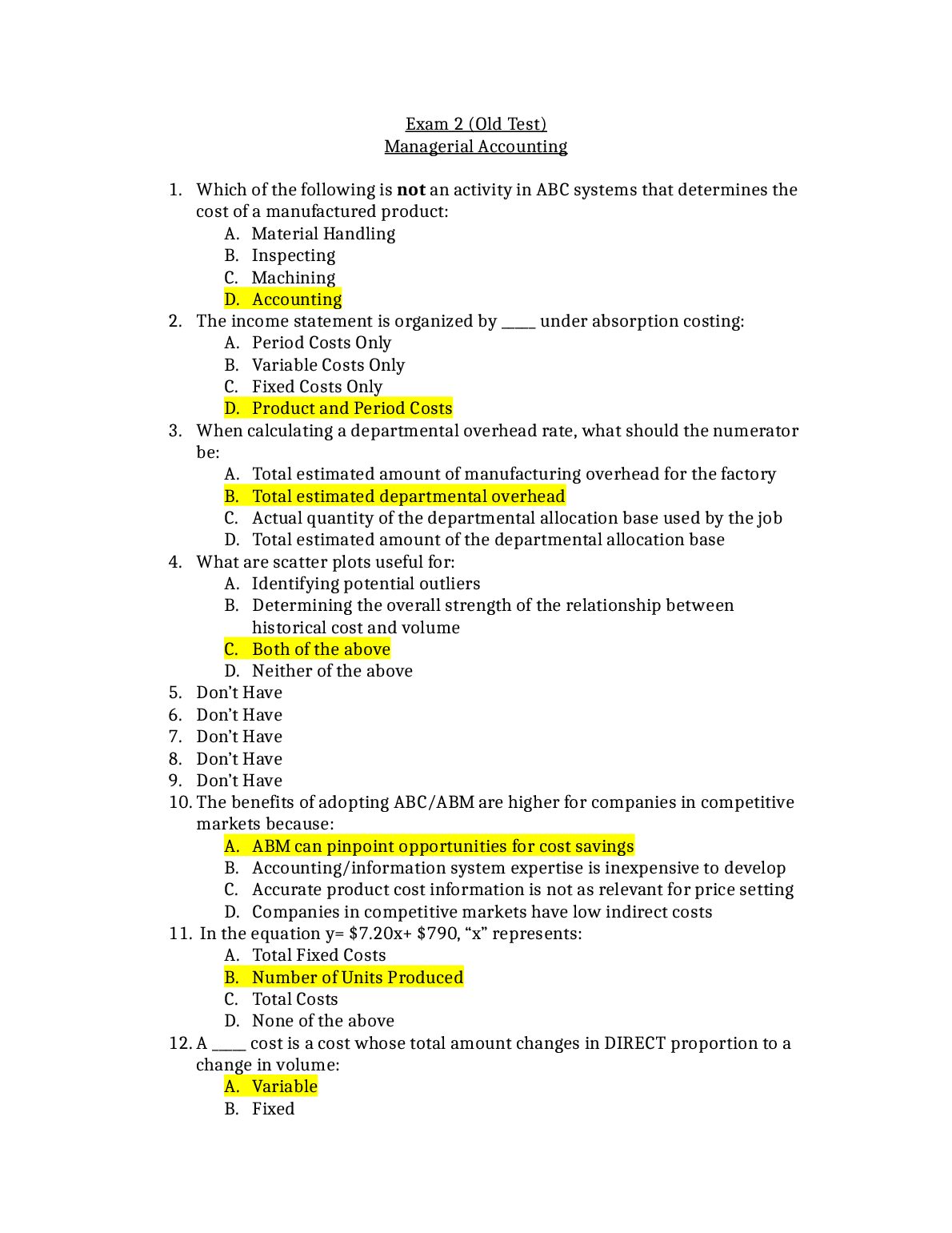 ACC 2023 Exam 2 (Old Test) Managerial Accounting preview image