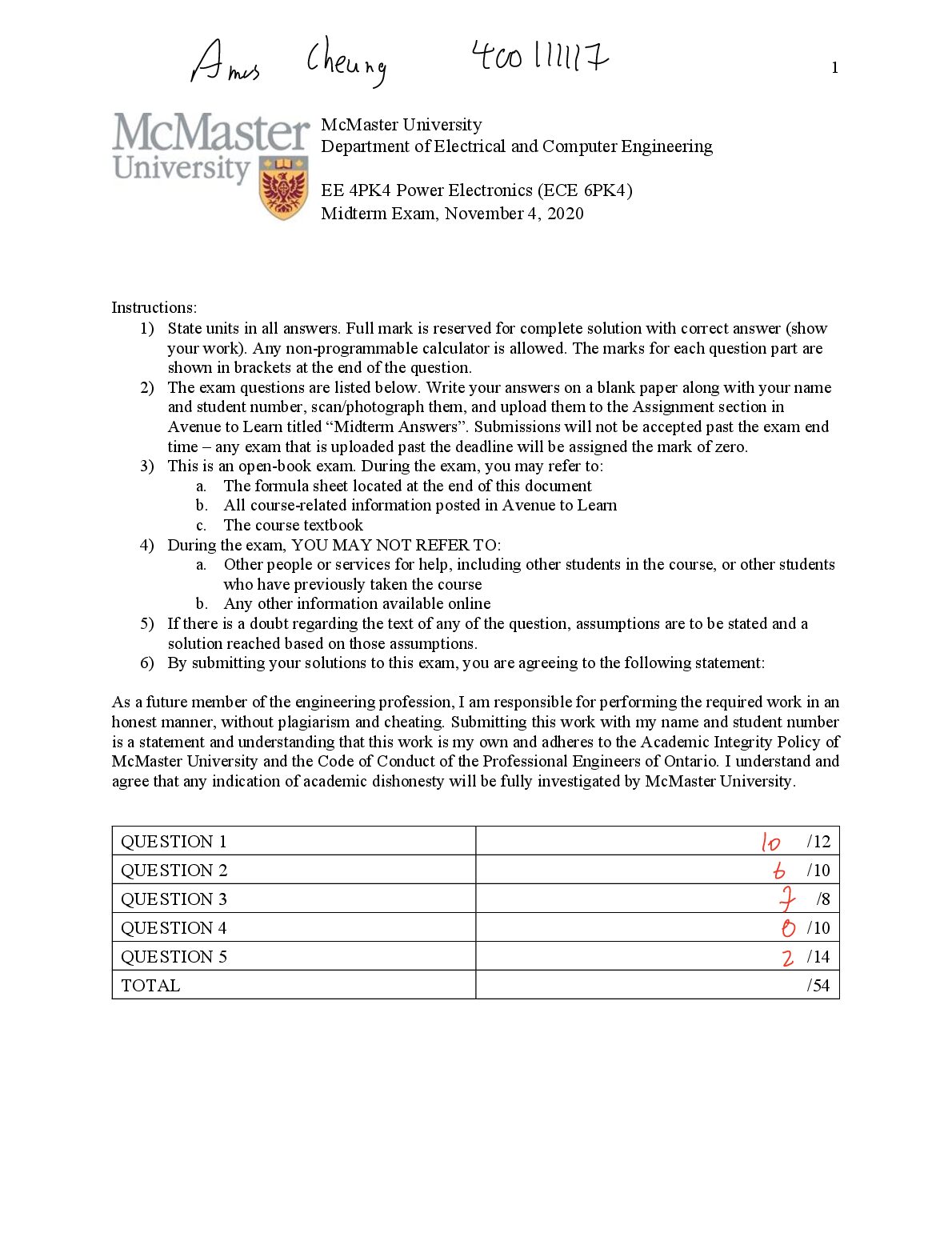 EE 4PK4 Power Electronics (ECE 6PK4) Midterm Exam, November 4, 2020 preview image