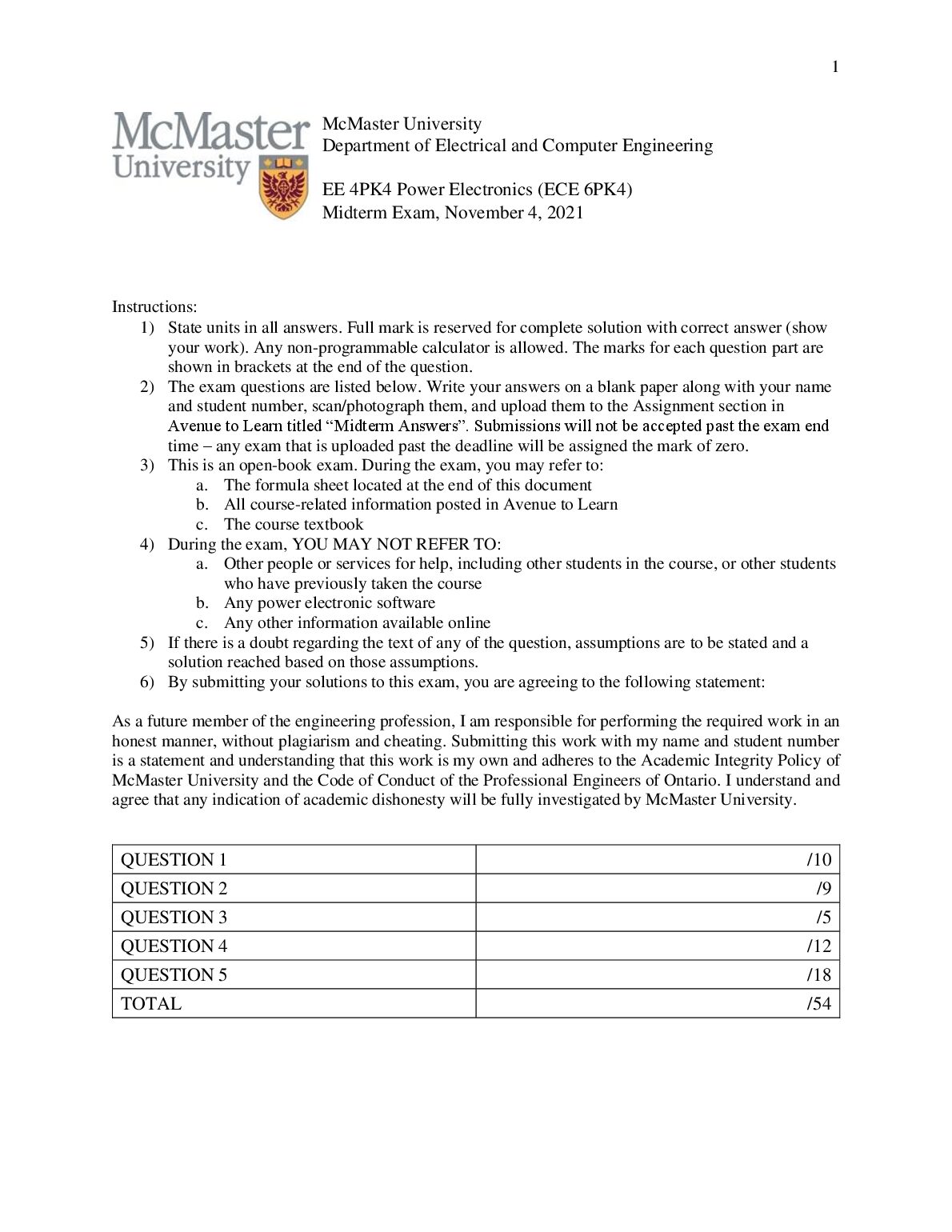 EE 4PK4 Power Electronics (ECE 6PK4) Midterm Exam, November 4, 2021 preview image