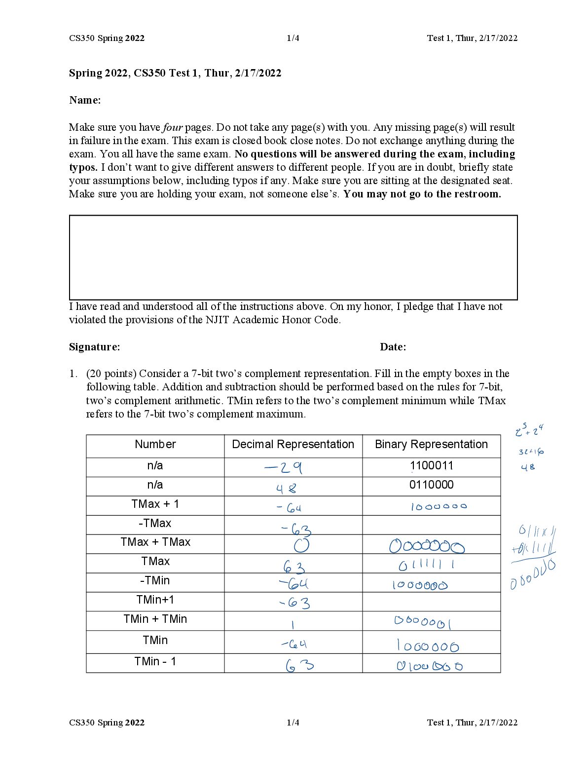 Spring 2022, CS350 Test 1, Thur, 2/17/2022 preview image