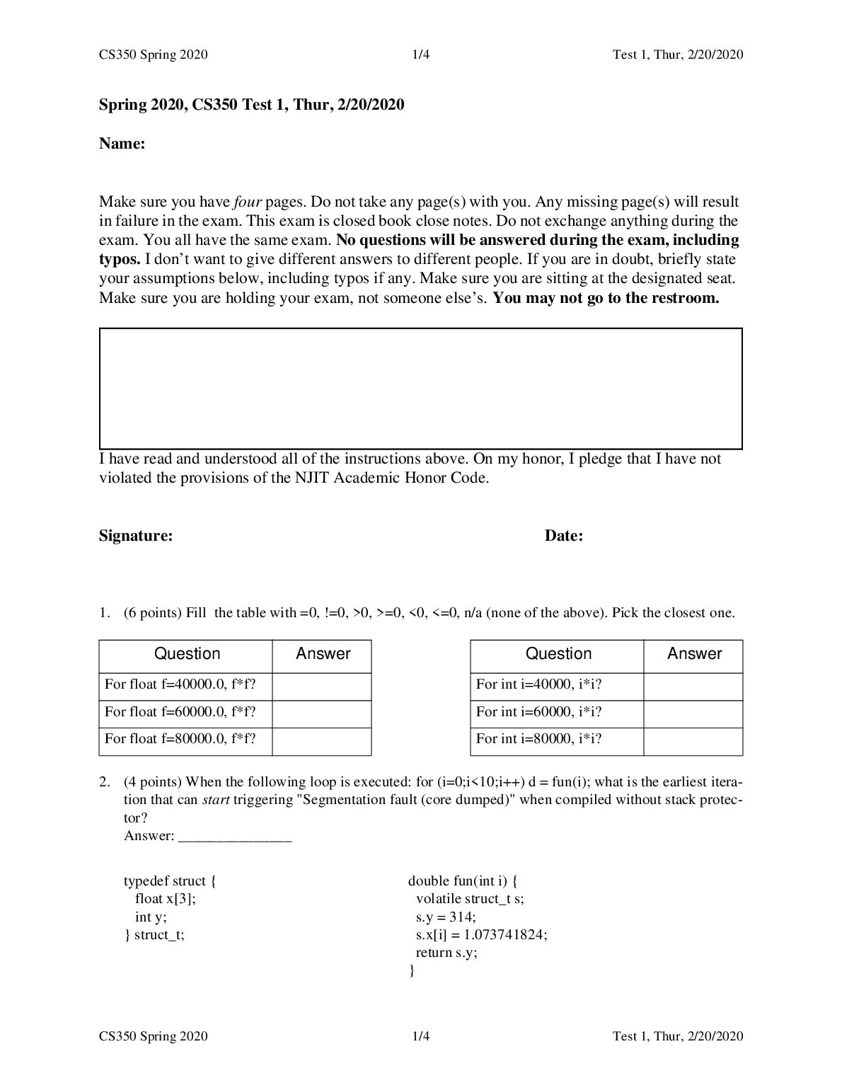 Spring 2020, CS350 Test 1, Thur, 2/20/2020 preview image