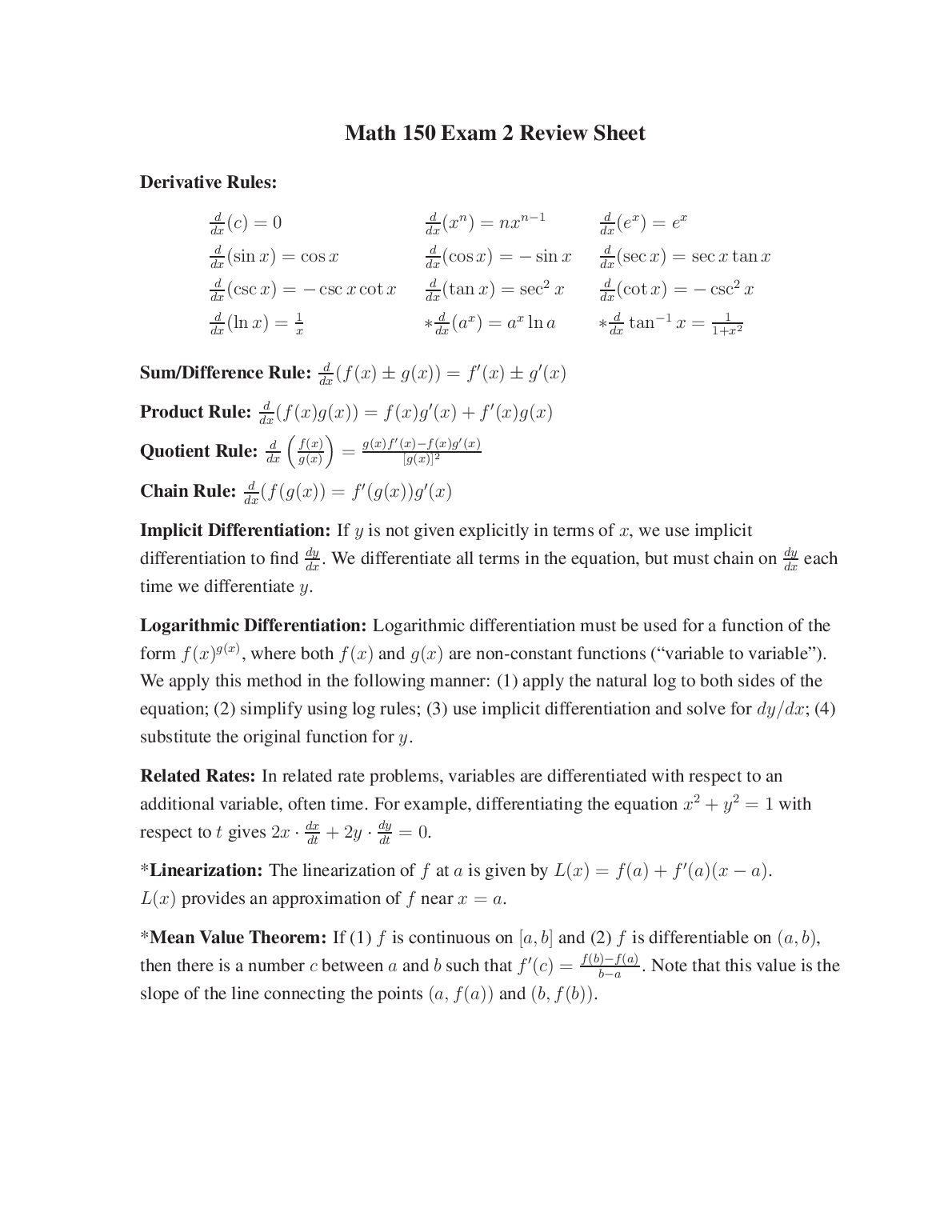 Math 150 Exam 2 Review Sheet preview image