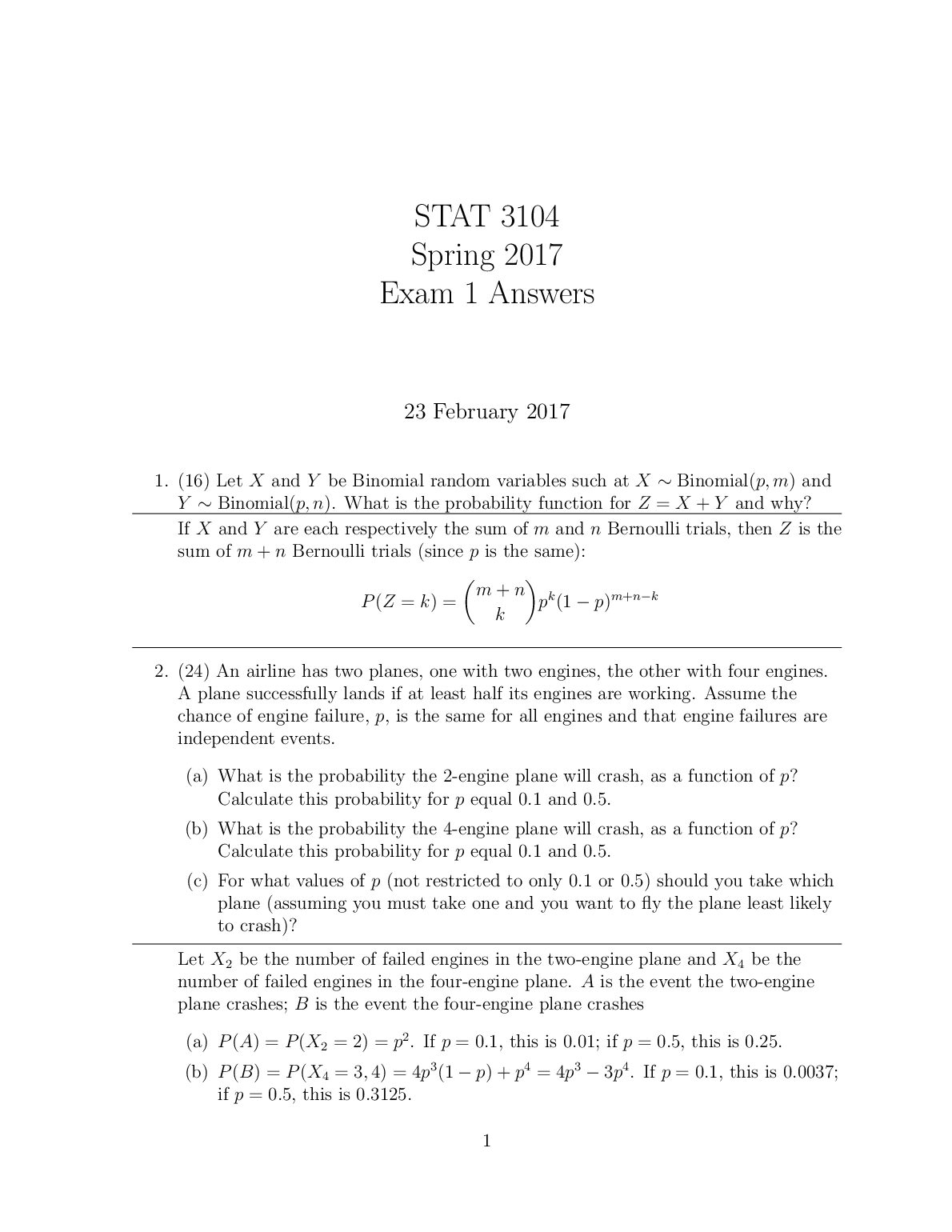 STAT 3104 Spring 2017 Exam 1 Answers 23 February 2017 preview image