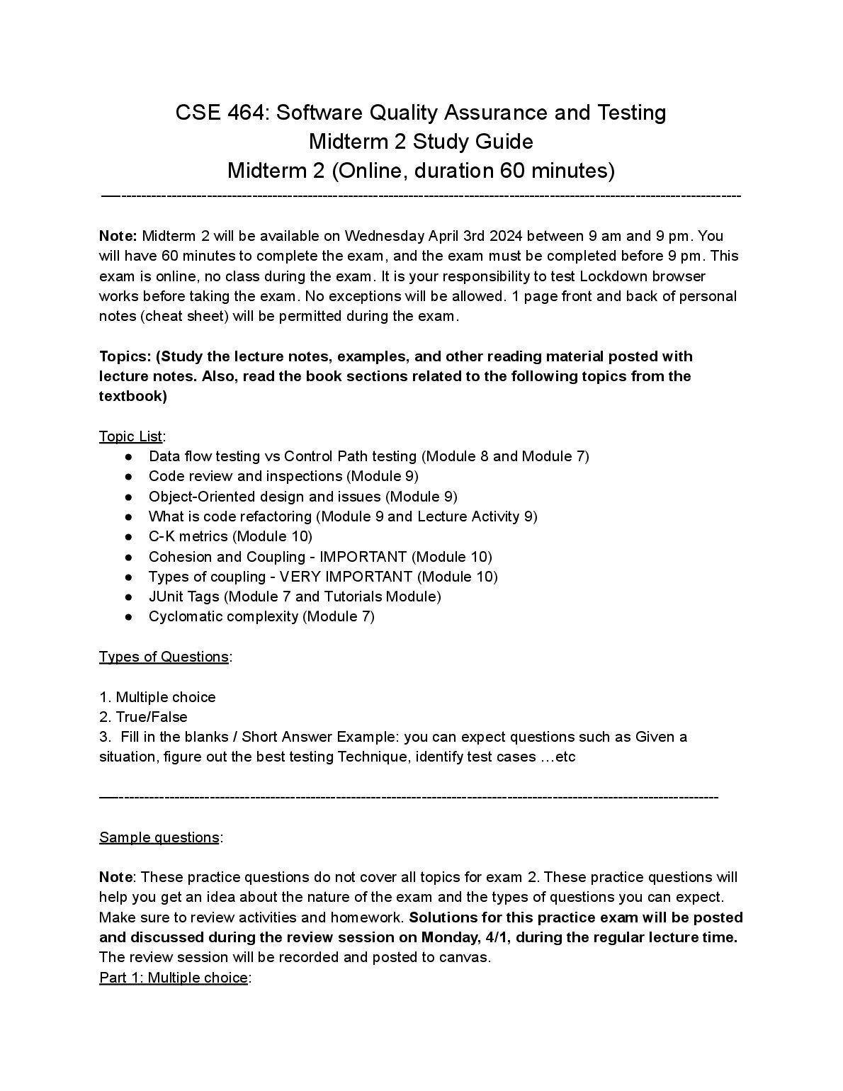 CSE 464: Software Quality Assurance and Testing Midterm 2 Study Guide preview image