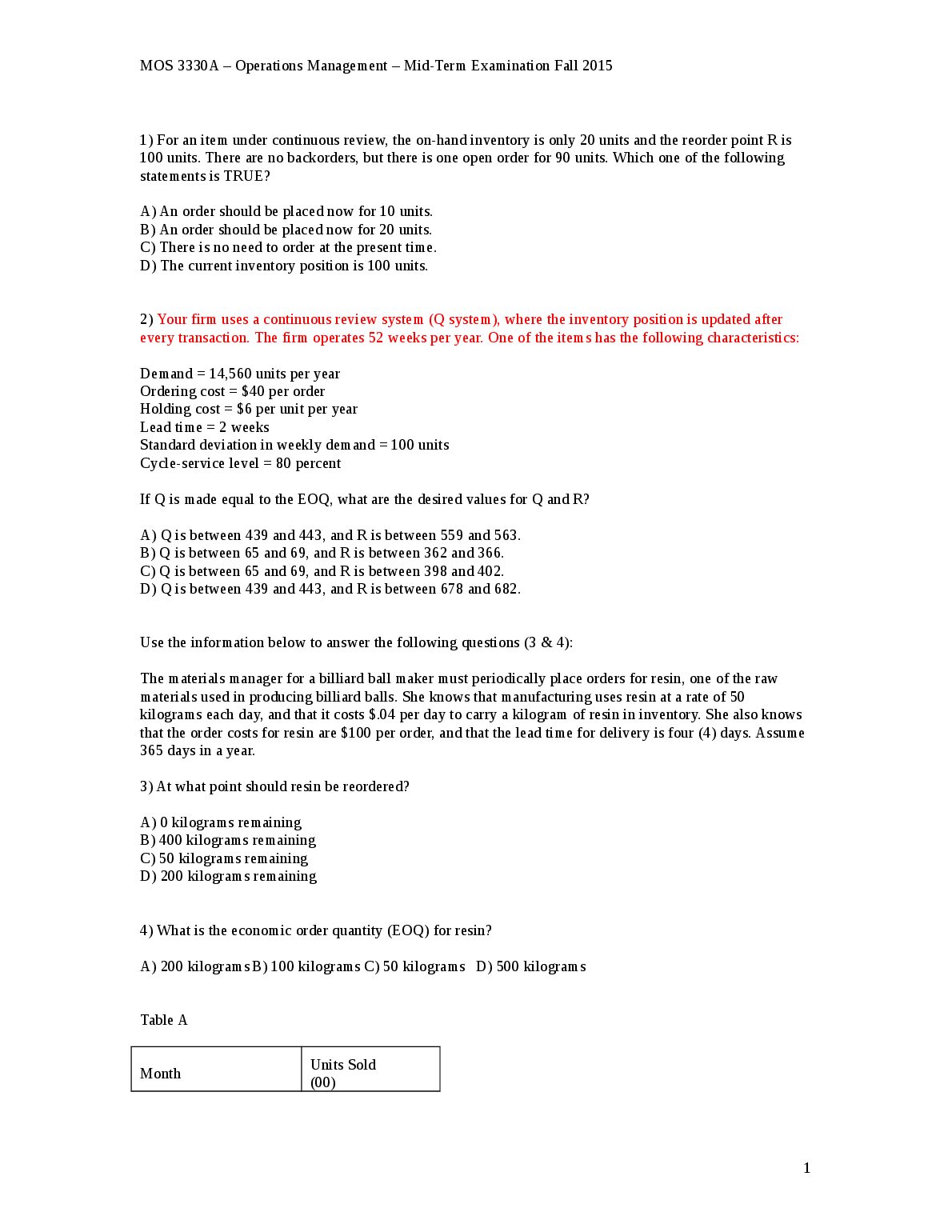 MOS 3330A – Operations Management – Mid-Term Examination Fall 2015 preview image