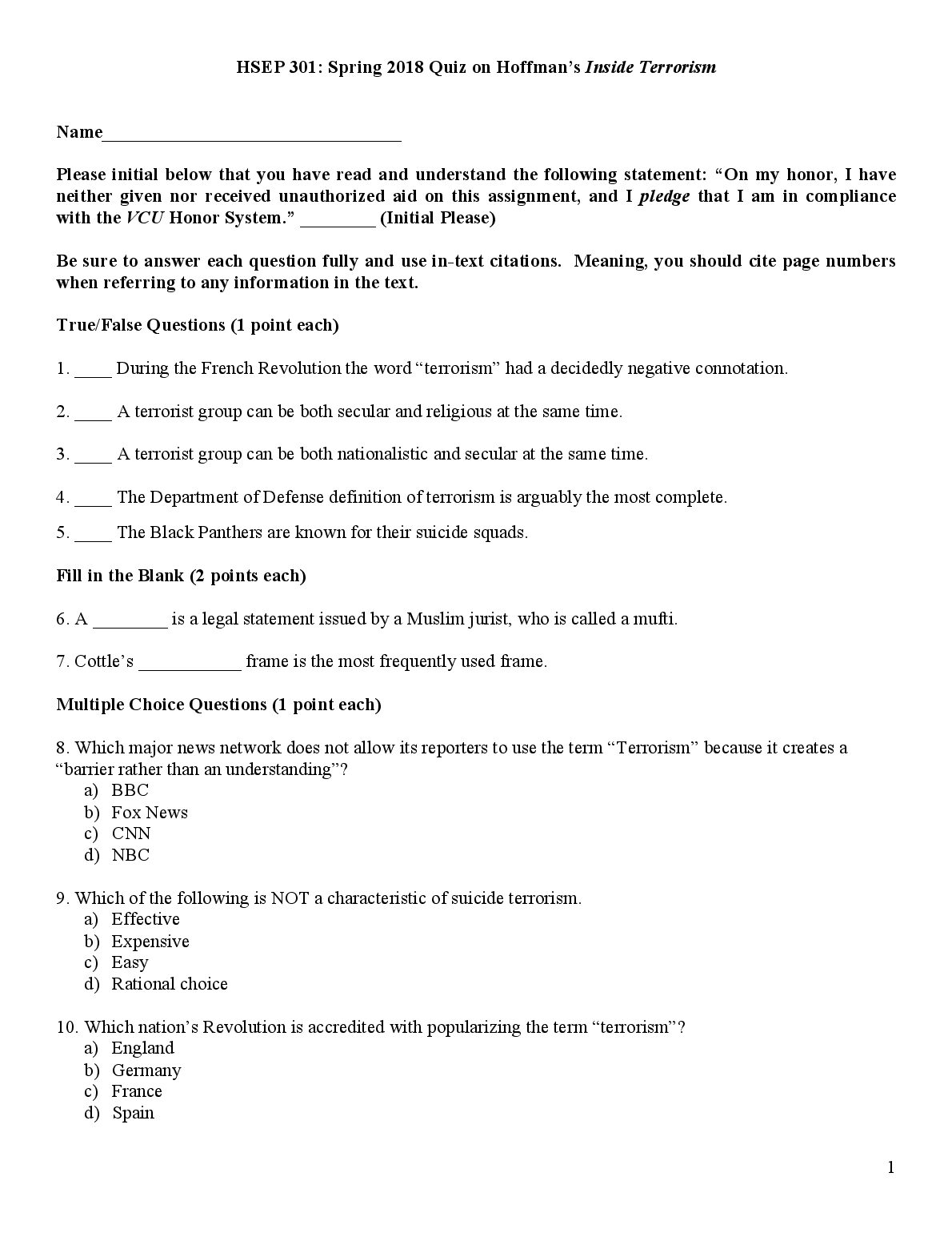 HSEP 301 Inside Terrorism Quiz preview image