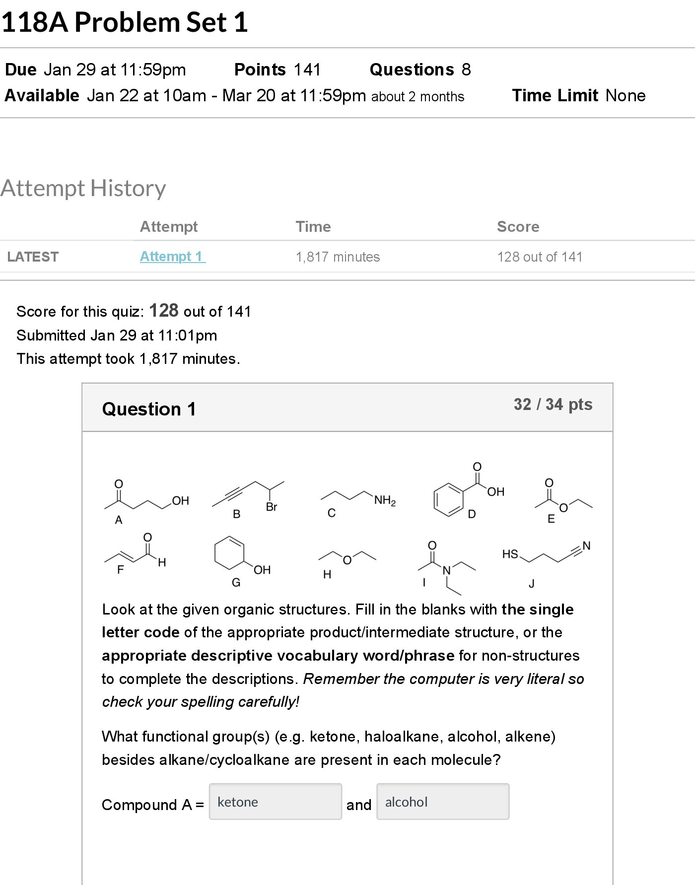 CHE 118A 118A Problem Set 1: Score for this quiz: 128 out of 141 preview image