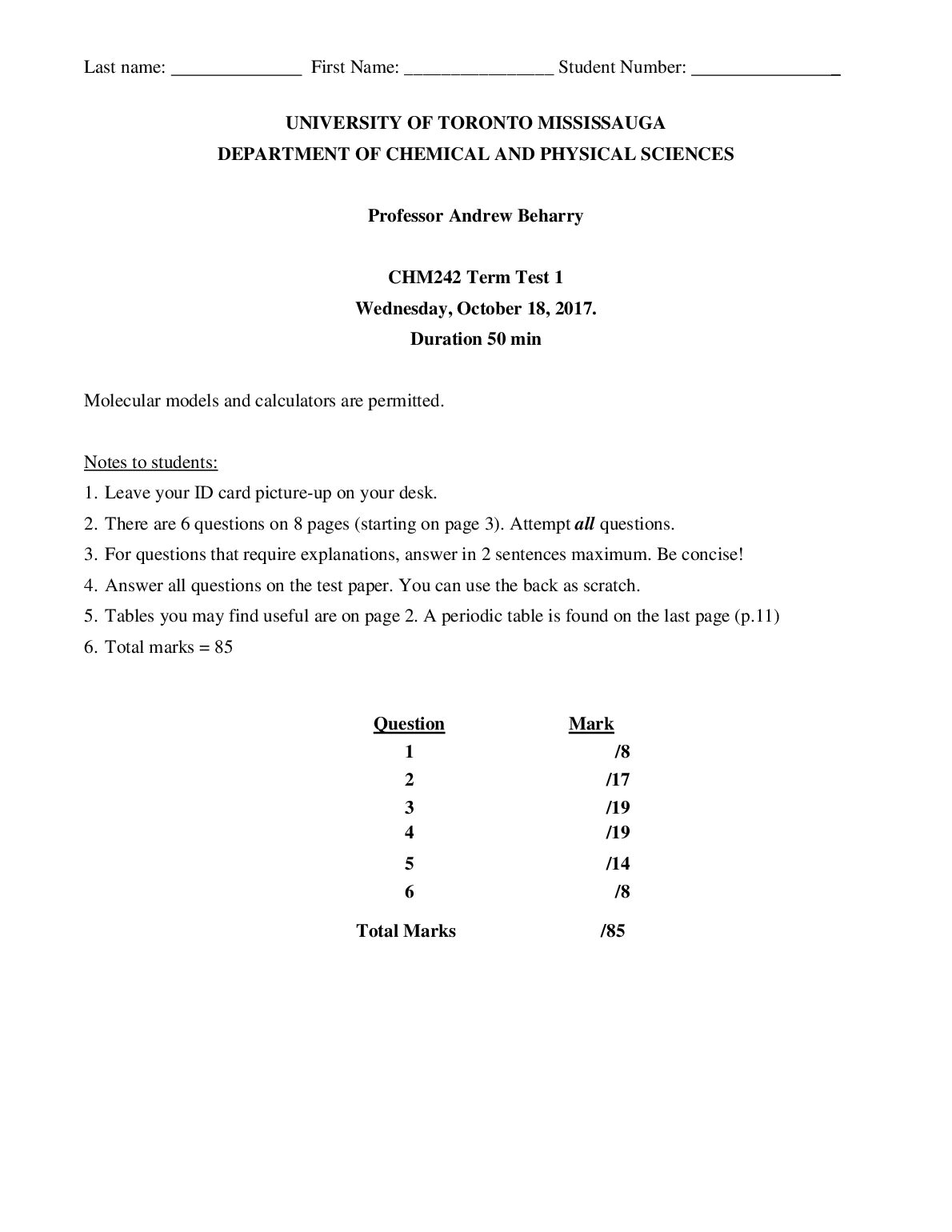 CHM242 Term Test 1 2017 Solutions preview image
