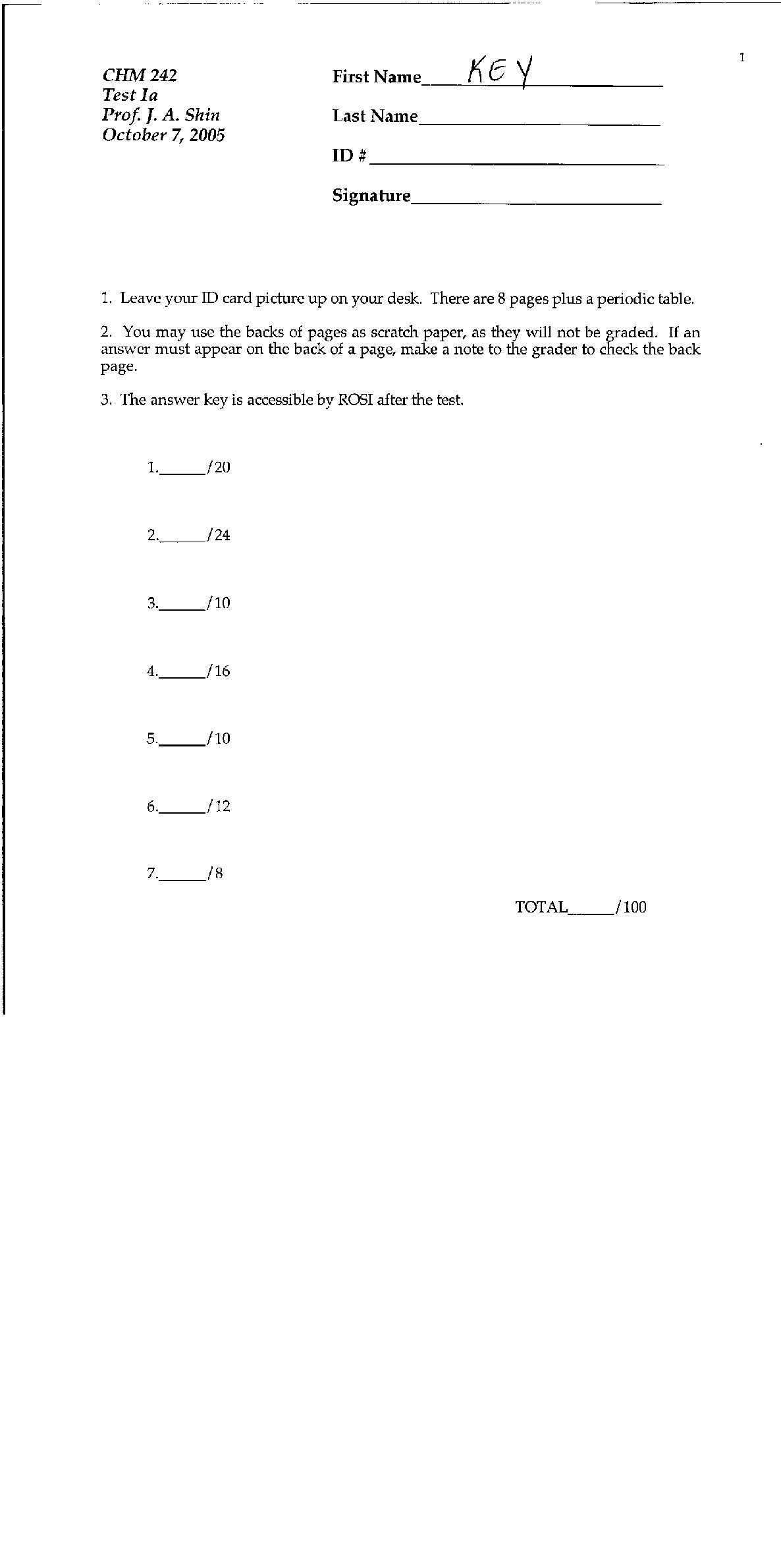 CHM242HTermTest1KeyOct05. preview image