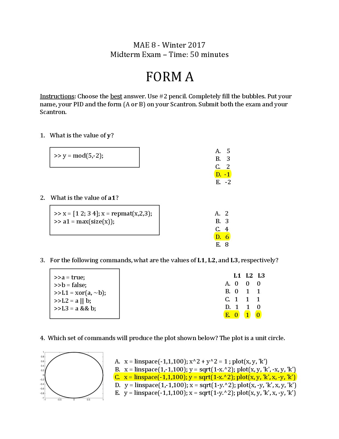 MAE	  8 Winter  2017 Midterm Exam   FORM	 A preview image