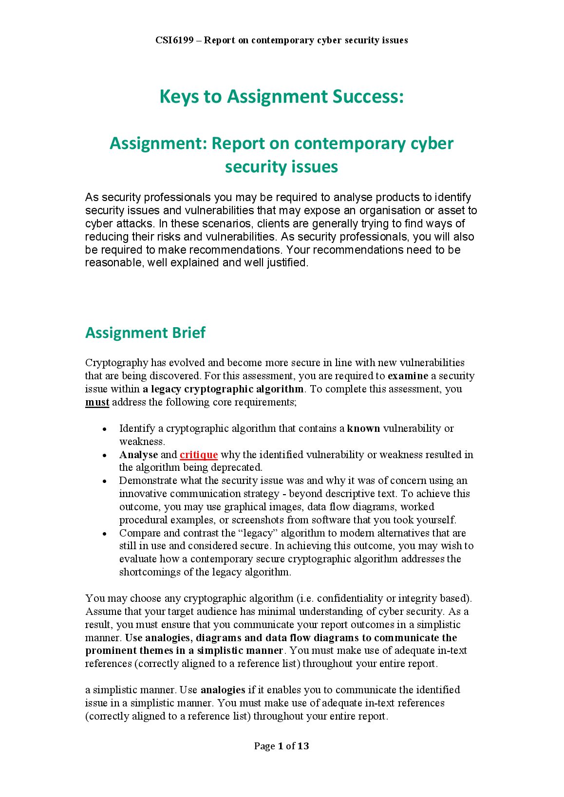 CSI6199 – Report on contemporary cyber security issues Page 1 of 13 Keys to Assignment Success preview image