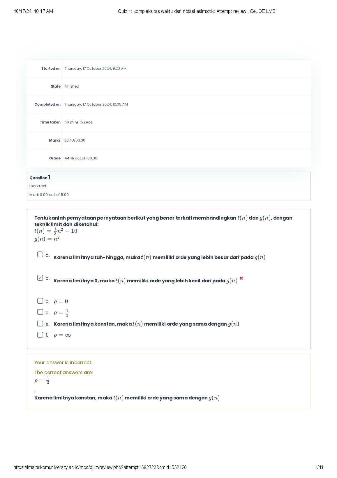 Quiz 1_ kompleksitas waktu dan notasi asimtotik_ Attempt review _ CeLOE LMS. preview image