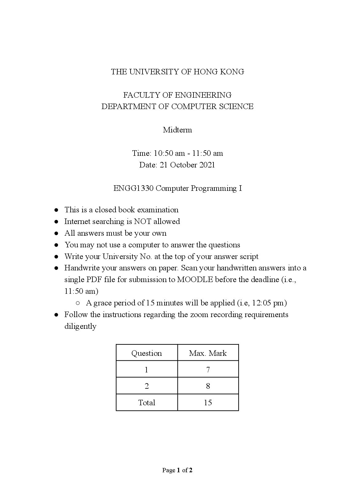 THE UNIVERSITY OF HONG KONG FACULTY OF ENGINEERING DEPARTMENT OF COMPUTER SCIENCE Midterm 2021 preview image