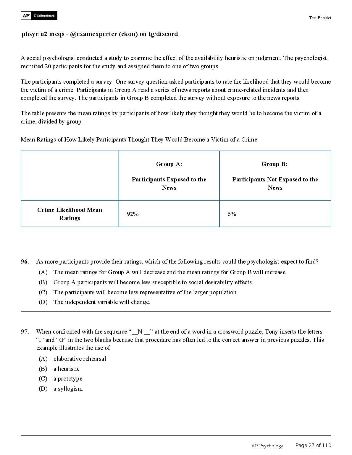 AP PSYCHOLOGY Test Booklet preview image