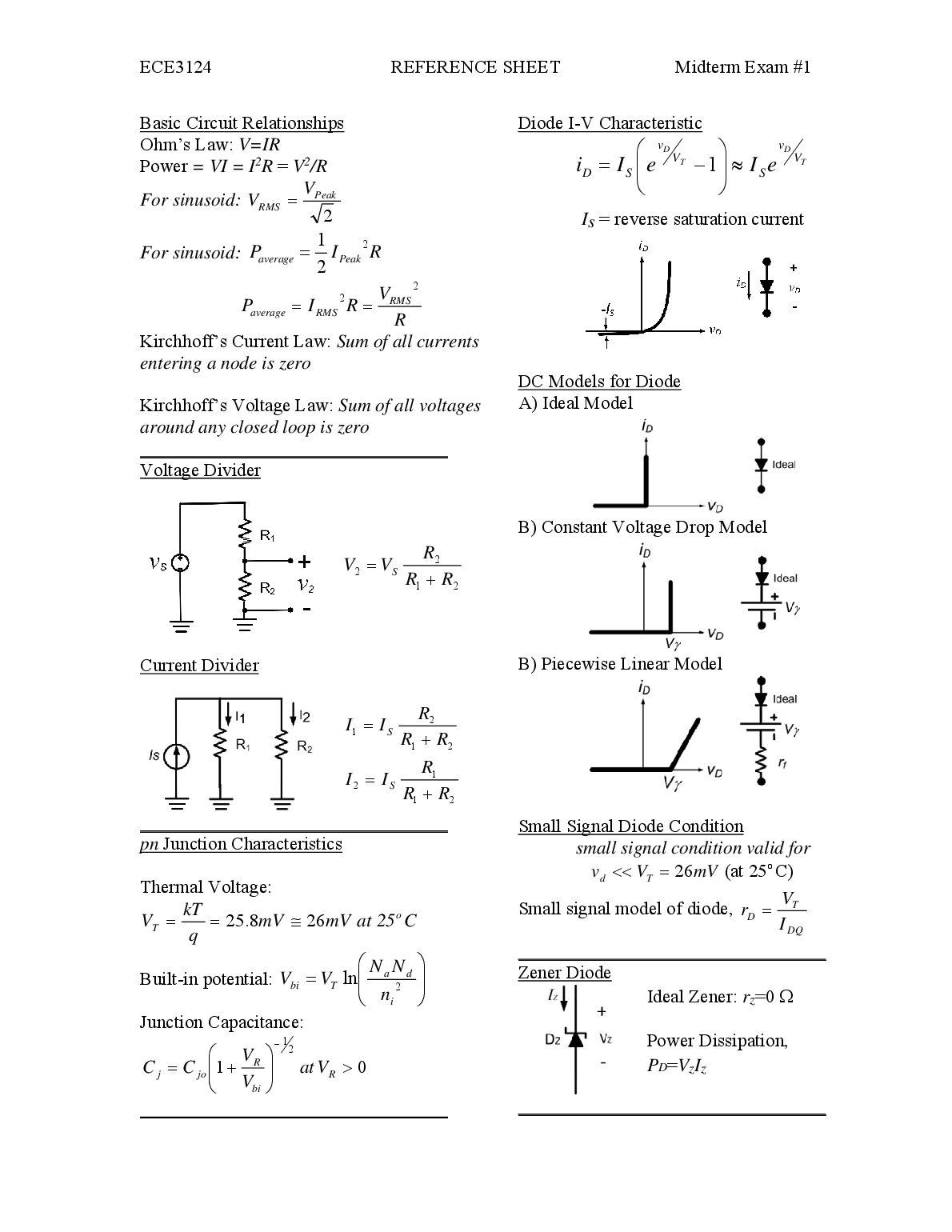 ECE3124 Reference Sheet for Midterm Exam #1 Fall 2023. preview image