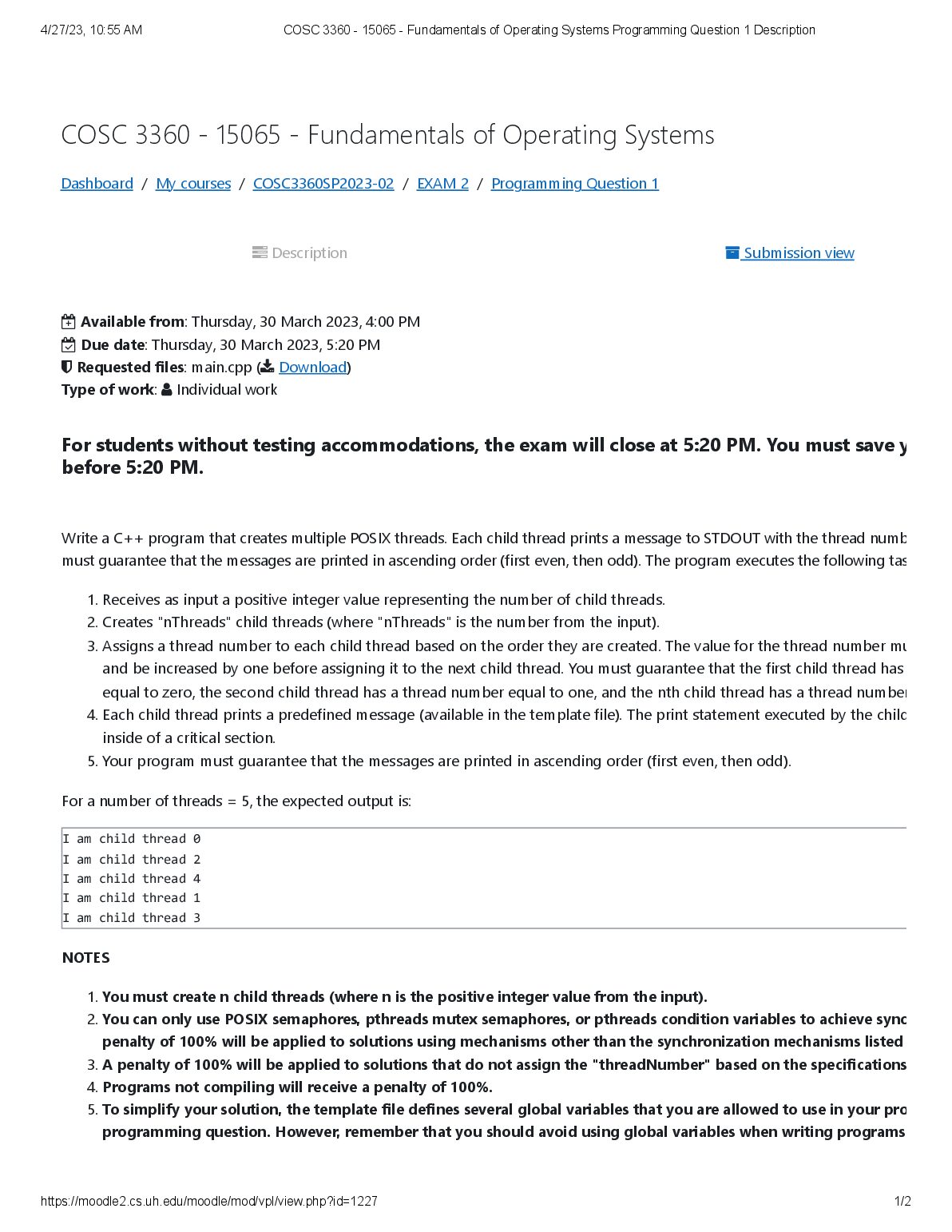 COSC 3360 - 15065 - Exam 2 - Fundamentals of Operating Systems Programming Question 1 Description. preview image