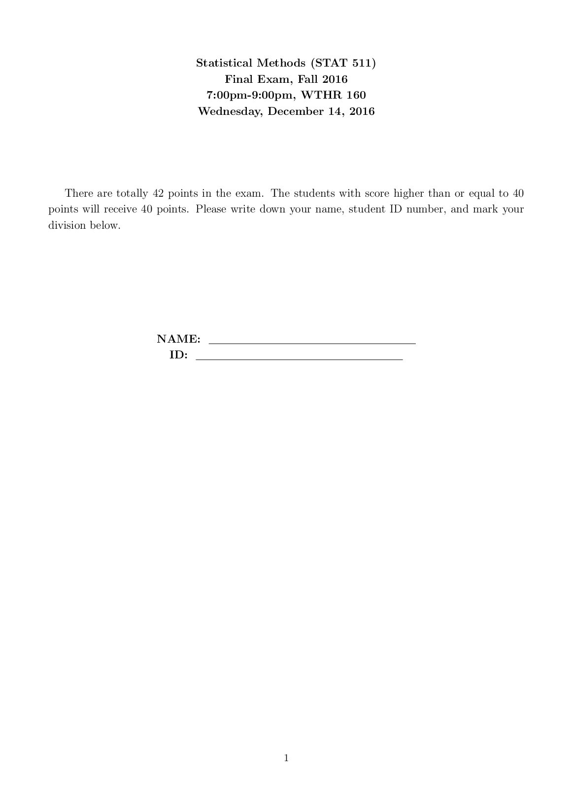 Statistical Methods (STAT 511) Final Exam, Fall 2016 preview image