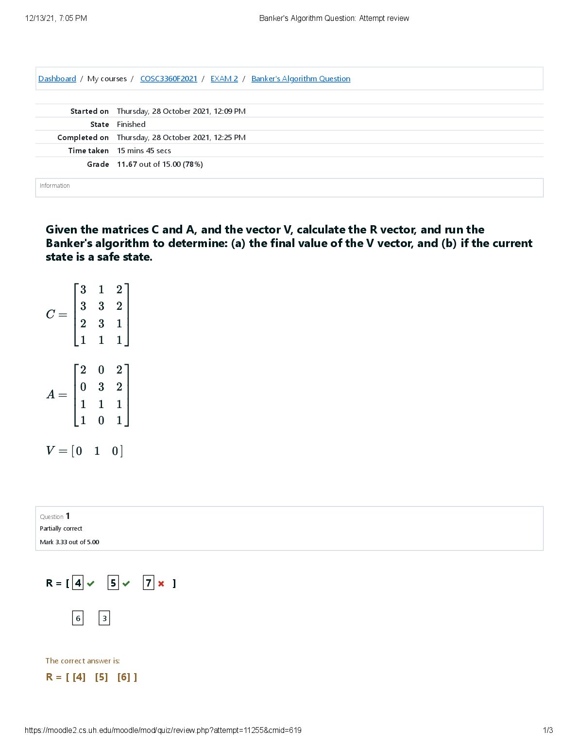 COSC3360F2021 / EXAM 2 / Banker's Algorithm Question preview image