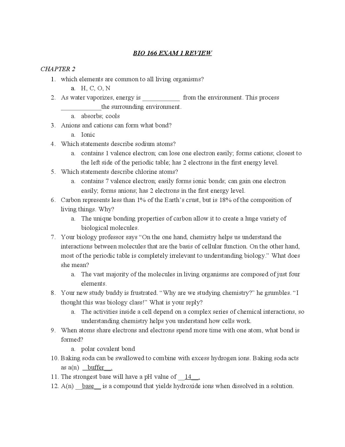 BIO 166 EXAM 1 REVIEW preview image