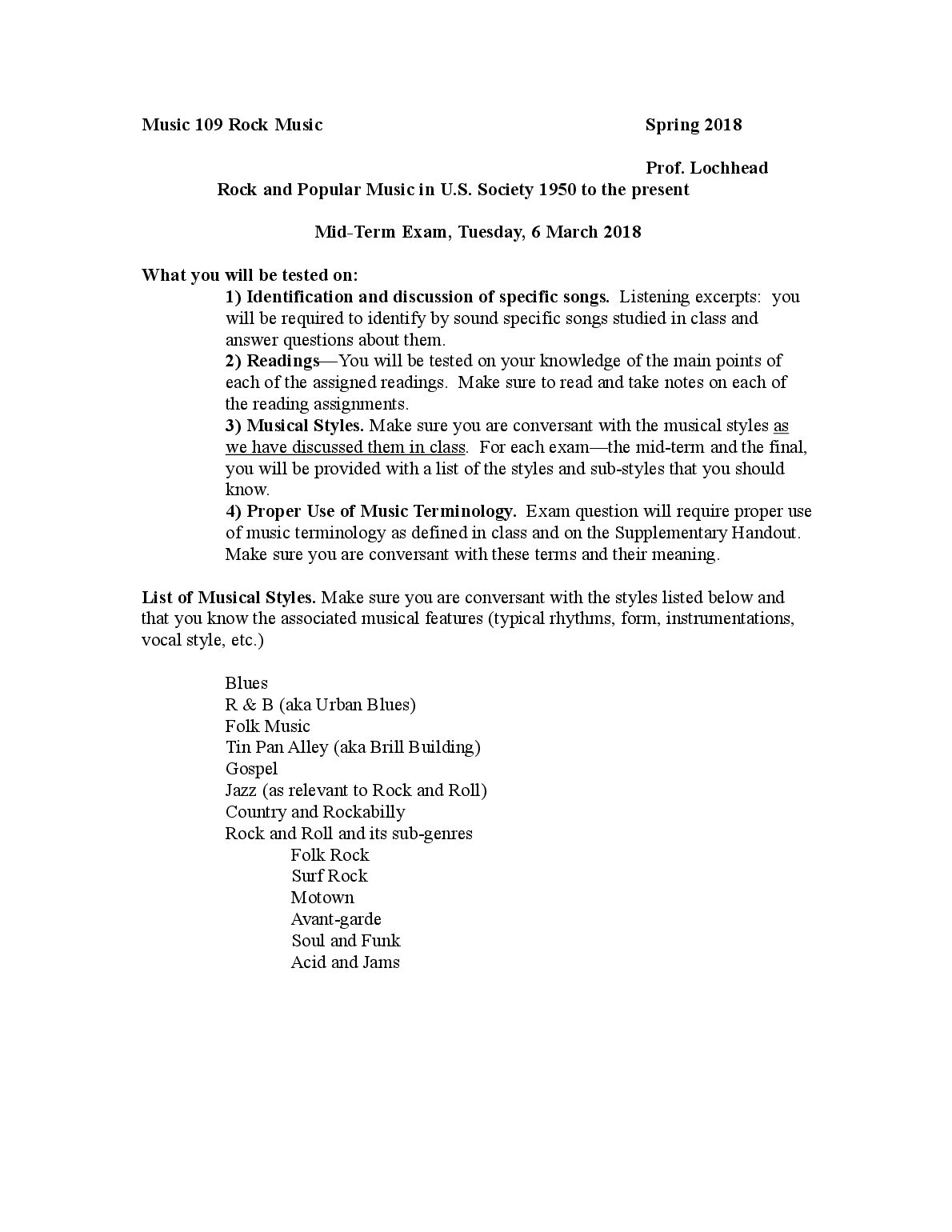 Music 109 Rock Music Rock and Popular Music in U.S. Society 1950 to the present Mid-Term Exam preview image