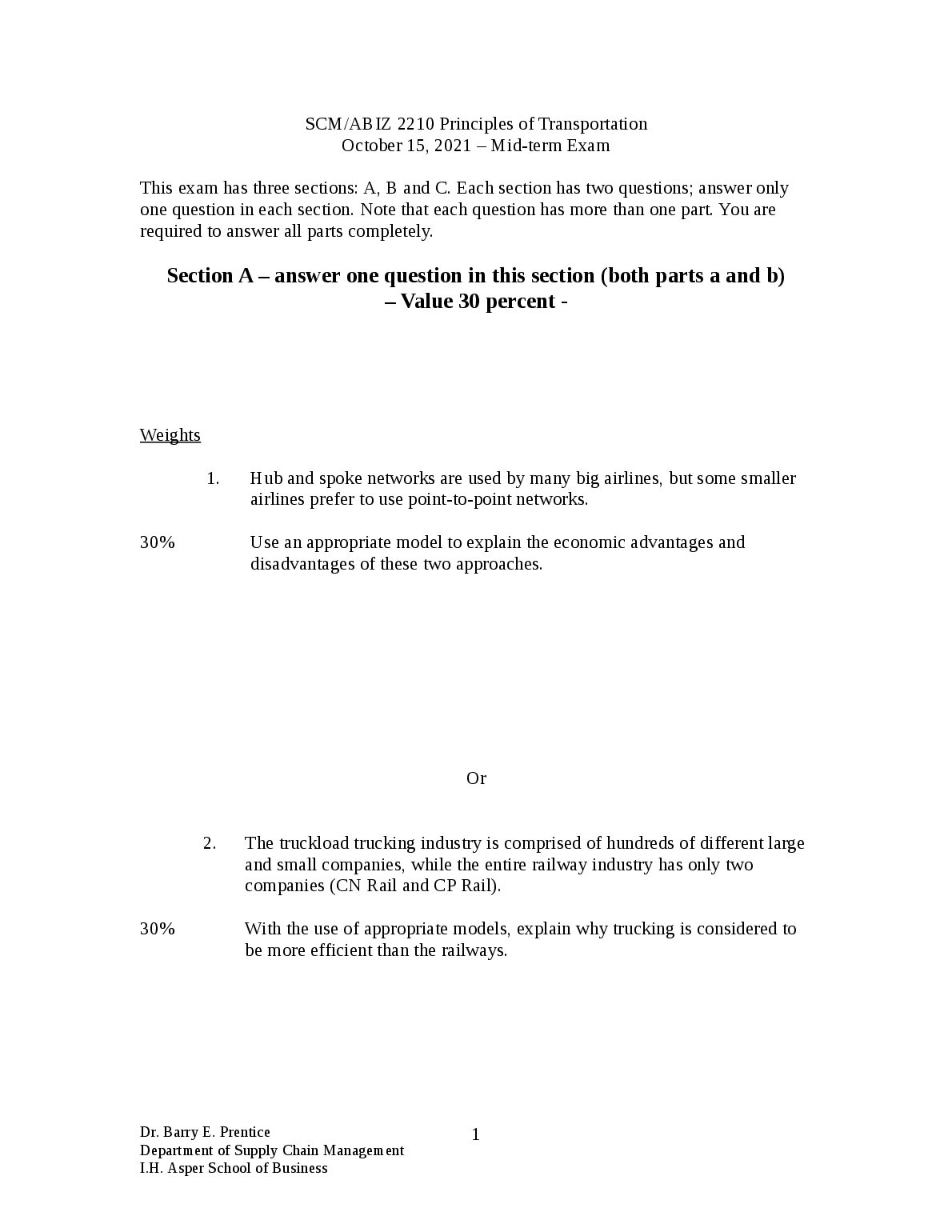SCM/ABIZ 2210 Principles of Transportation Mid-term Exam preview image