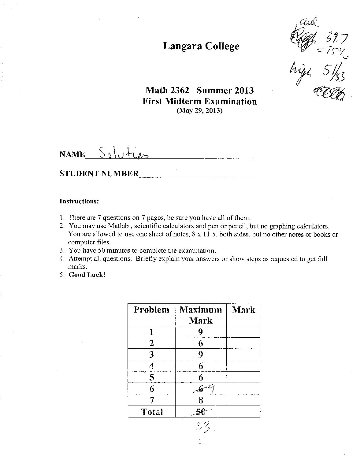 MATH 2362 Linear Algebra Midterm Exam preview image