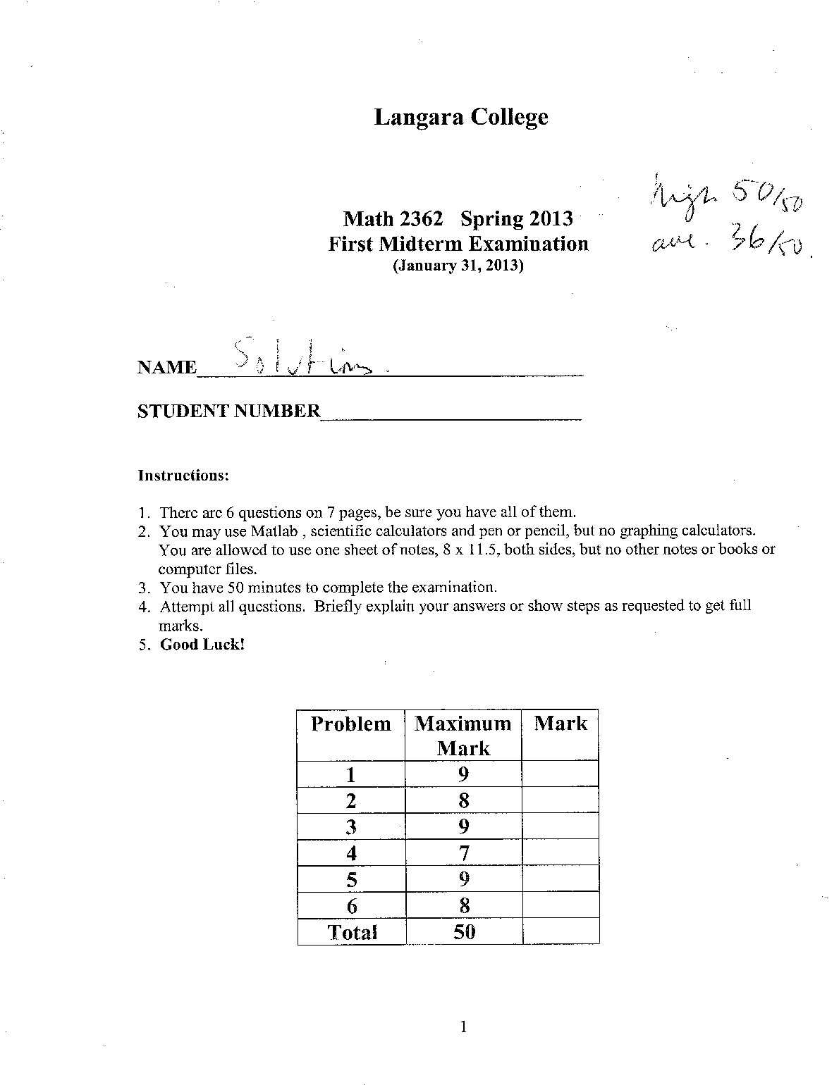 MATH 2362 Linear Algebra Midterm Examination preview image