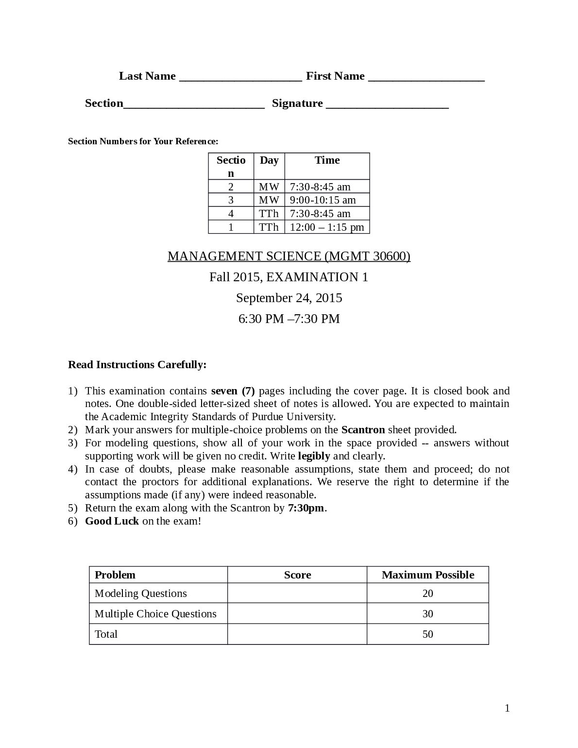 MGMT 306 MANAGEMENT SCIENCE (MGMT 30600)    EXAMINATION 1 preview image