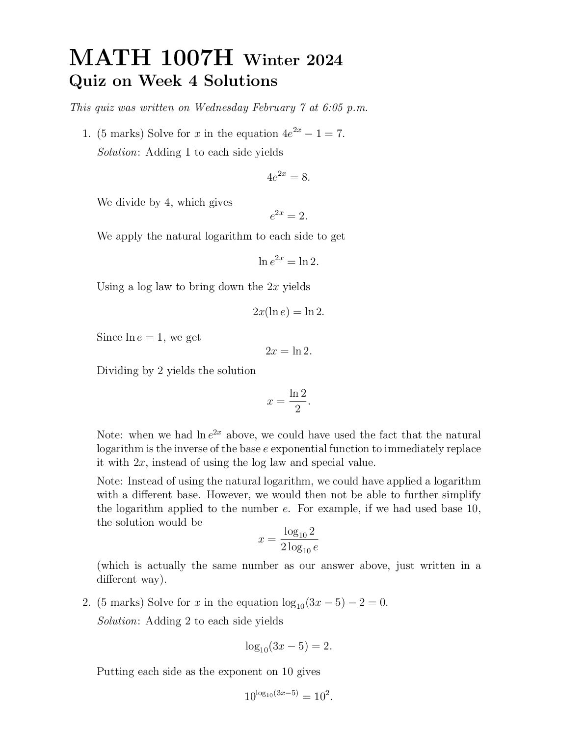 MATH 1007H Winter 2024 Quiz on Week 4 Solutions preview image