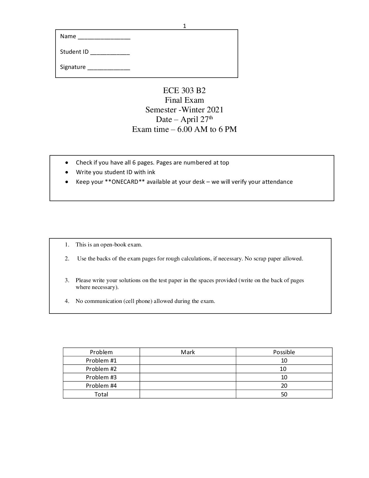ECE 303 B2 Final Exam Semester -Winter 2021 preview image