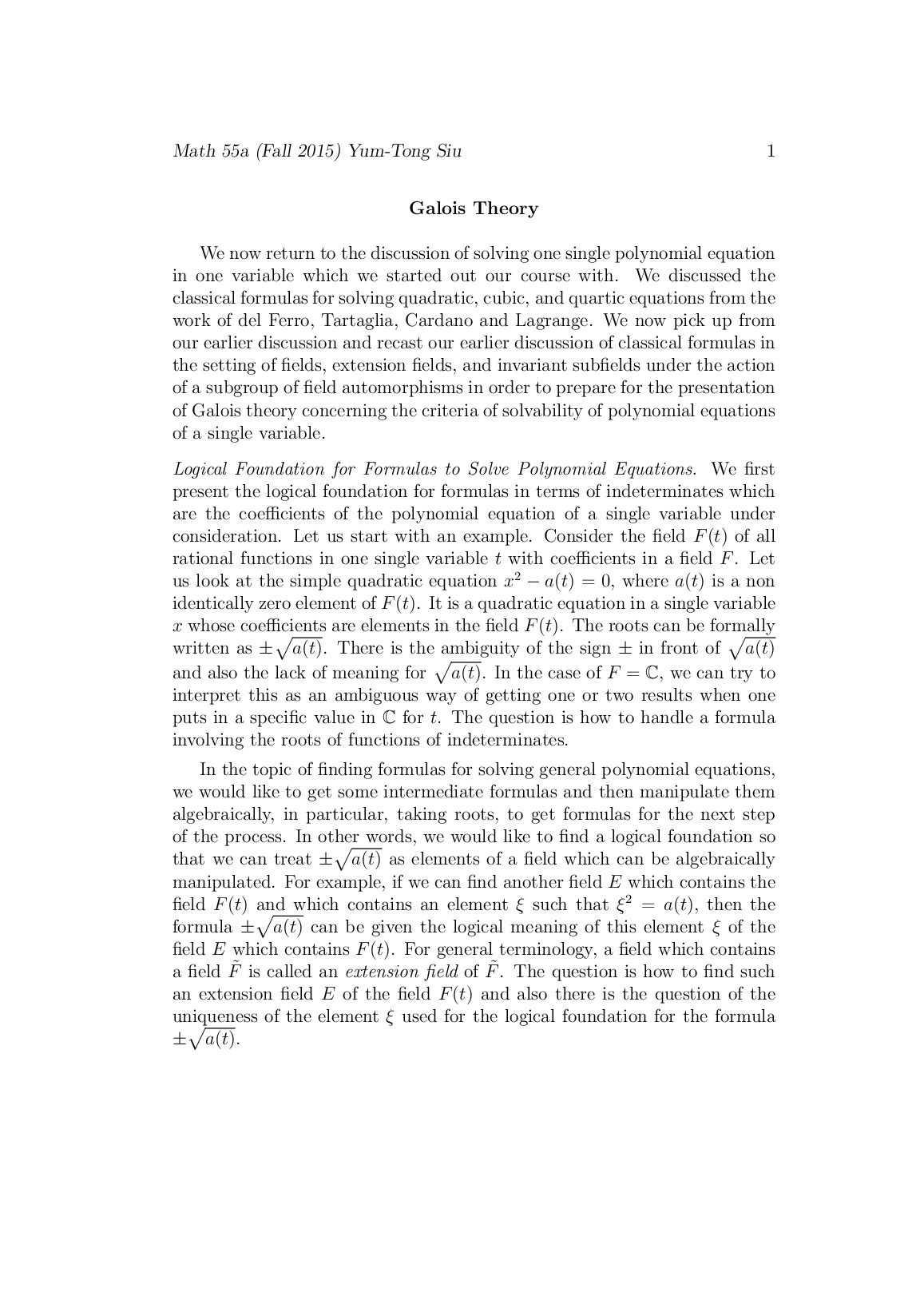 Math 55a (Fall 2015) Yum-Tong Siu 1 Galois Theory preview image