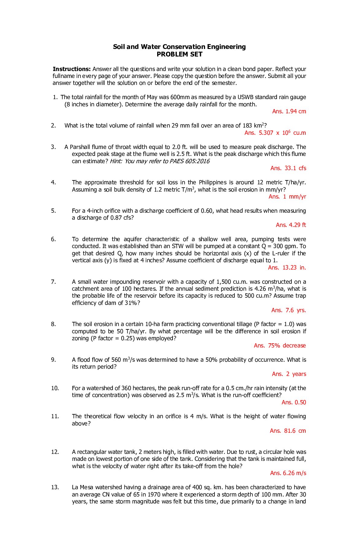 Soil and Water Conservation Engineering PROBLEM SET preview image