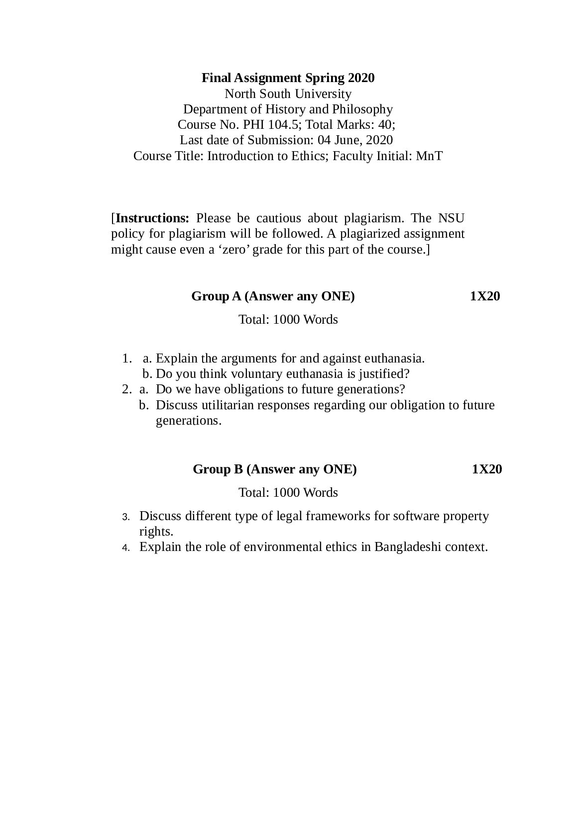Introduction to Ethics; Faculty Initial: MnT PHI 104.5; Total Marks: 40; preview image