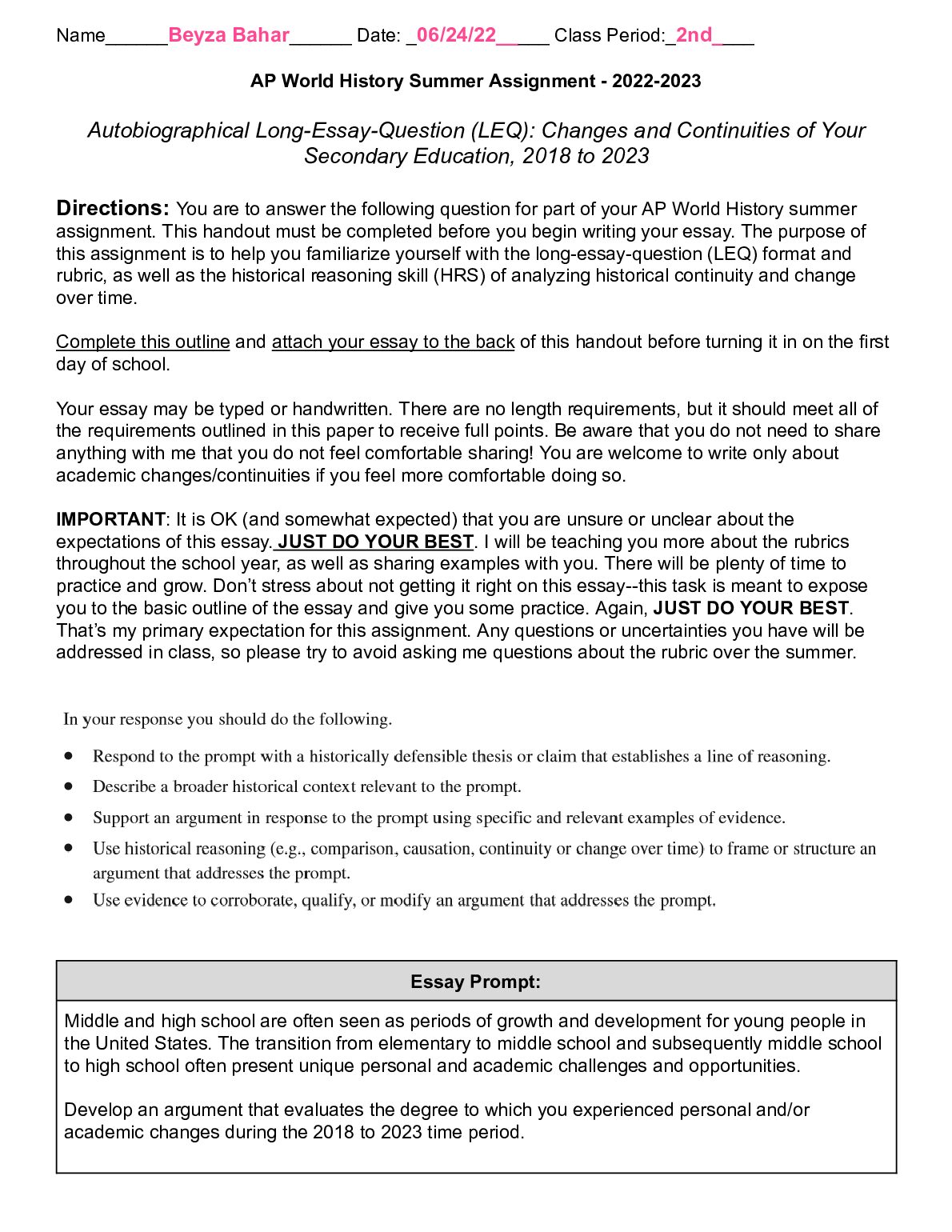 Autobiographical Long-Essay-Question (LEQ): Changes and Continuities of Your Secondary Education, 2018 to 2023 preview image